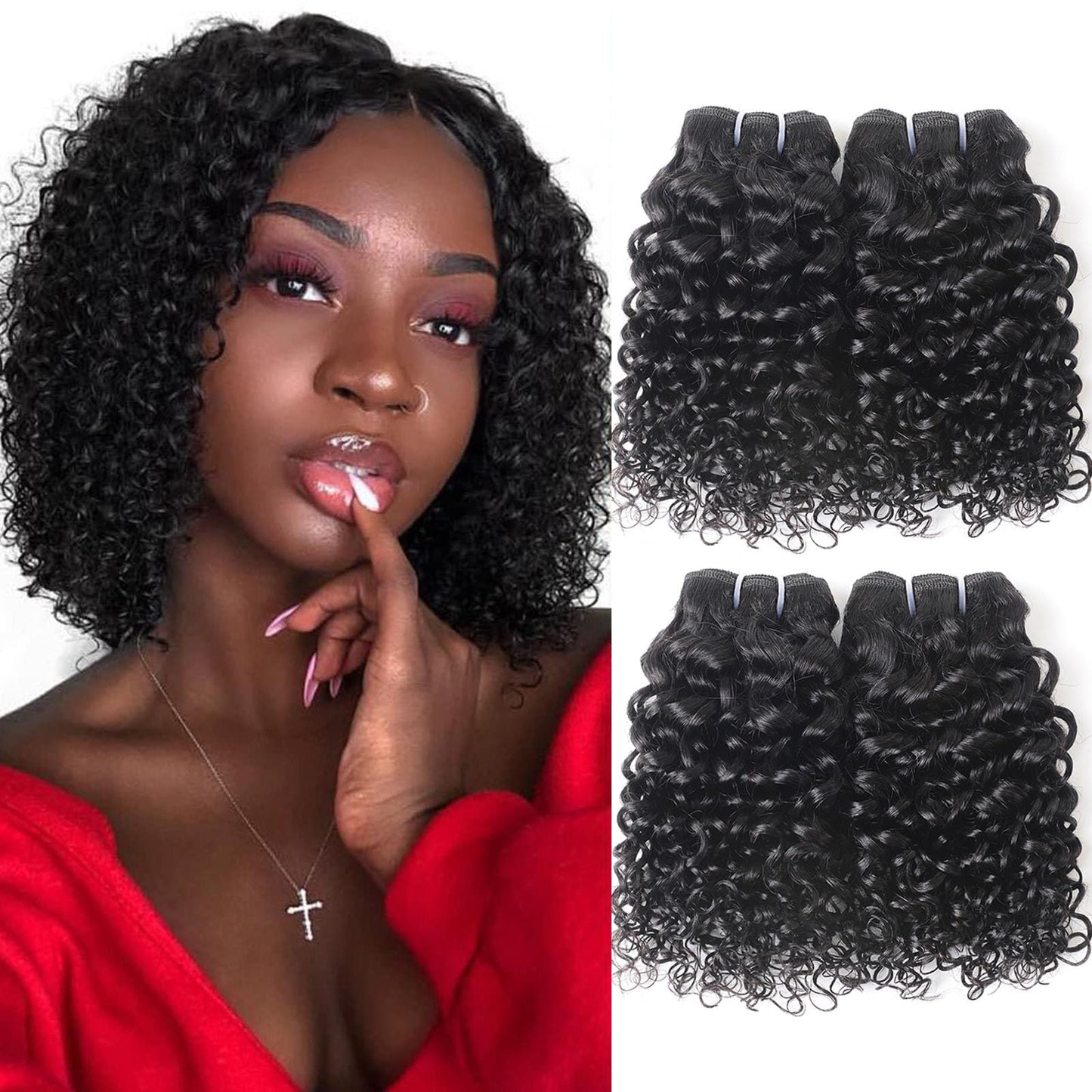 JTdebade 10 Inch Kinky Curly Human Hair Bundles Brazilian Virgin Human Hair 4 Bundles Natural Black Color 100% Unprocessed Curly Wave Human Hair Extensions（10 Inch Curly*4）