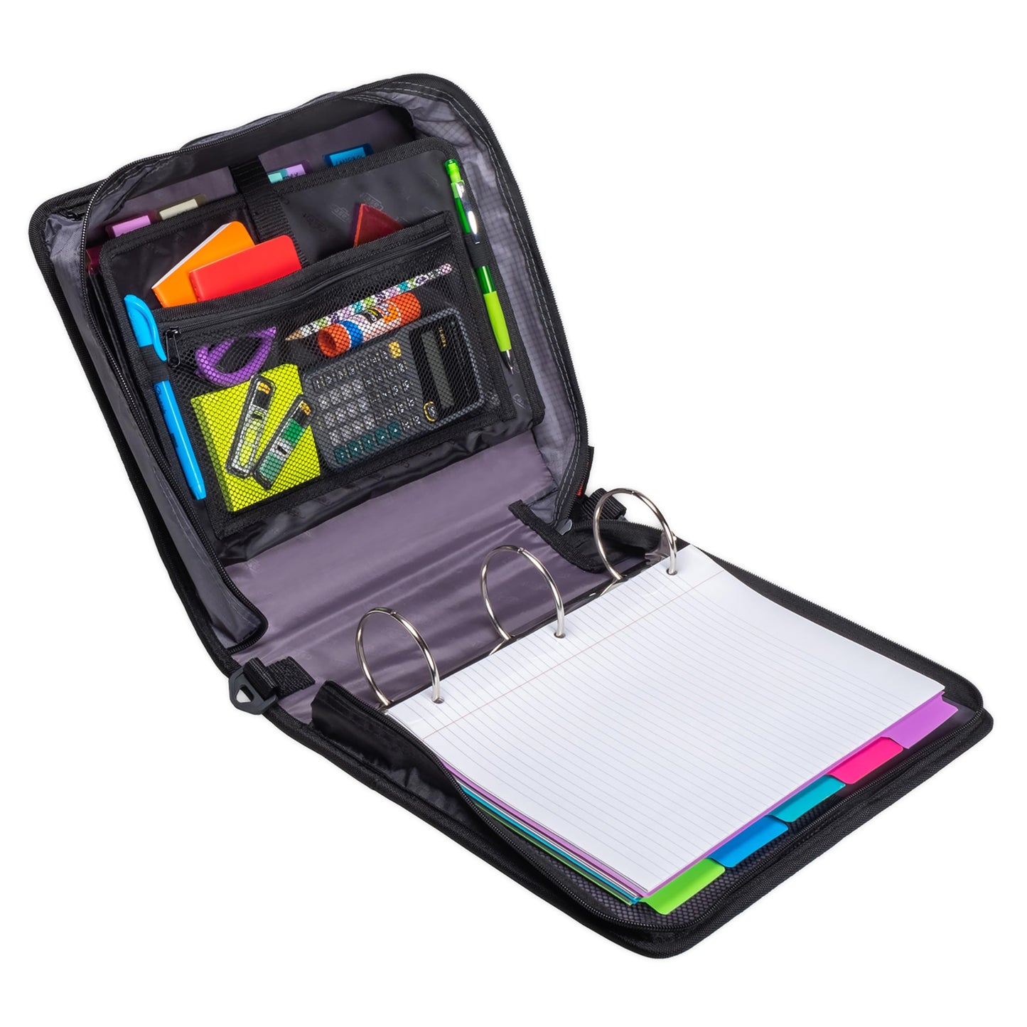 Case-it The Mighty Zip Tab Zipper Binder - 3 Inch O-Rings - 5 Color Tab Expanding File Folder - Multiple Pockets - 600 Sheet Capacity - Comes with Shoulder Strap - Jet Black D-156-N