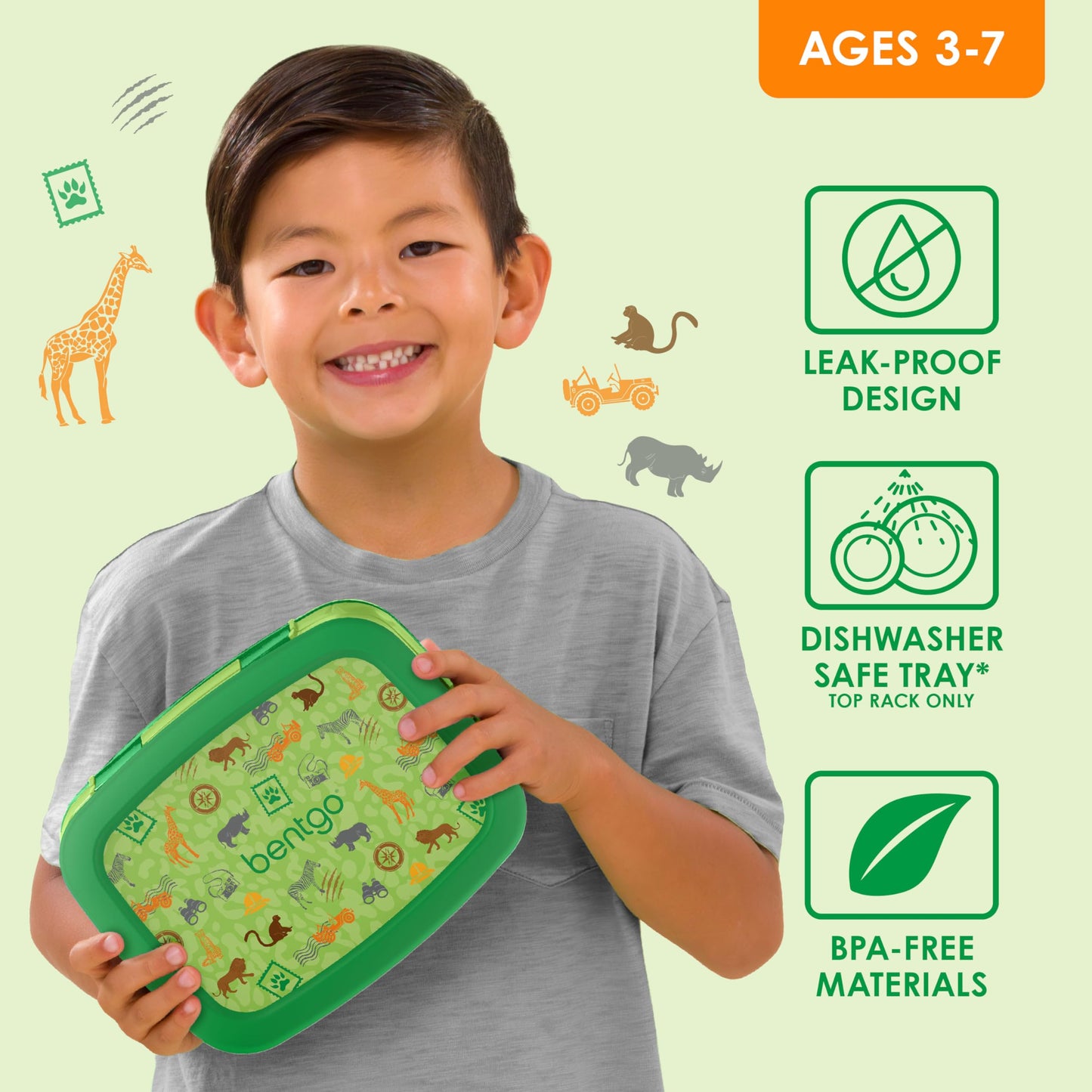 Bentgo Kids Prints Leak-Proof, 5-Compartment Bento-Style Kids Lunch Box - Ideal Portion Sizes for Ages 3-7, Durable, Drop-Proof, Dishwasher Safe, & Made with BPA-Free Materials (Safari)