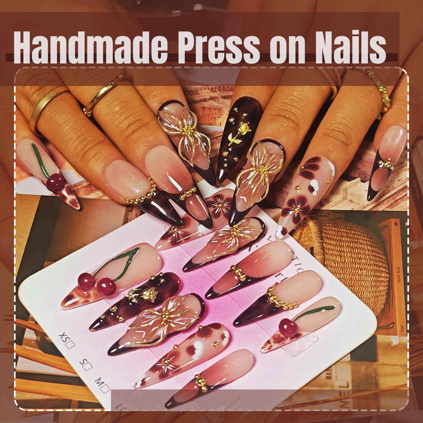 Handmade Press On Nails Stiletto, Brown Press On Nails Long, Flower 3D Acrylic Nails French Tip Blooming Amber Cherry For Women Gift, Reusable Stick On Fake Nails Kit With Nail Glue(Blooming Cherry-M)