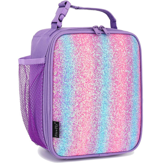 FlowFly Lunch box Insulated Soft Bag Mini Cooler Back to School Thermal Meal Tote Kit for Girls, Boys,Purple#Glitter