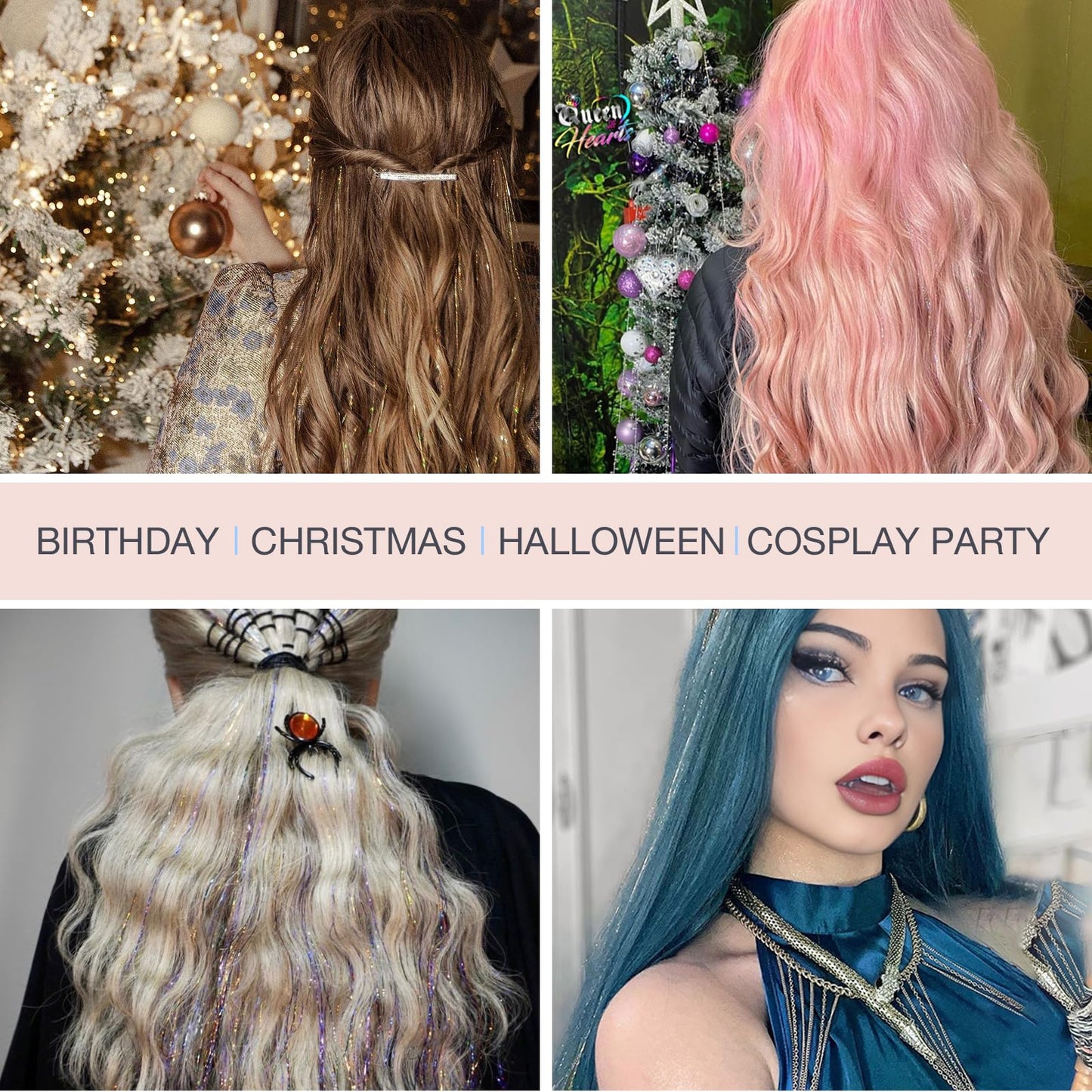 DOORES Tinsel Hair Extensions 6 Pcs 24 Inch, Hair Glitter Hair Sparkle Strands Dazzle Fairy Hair Tinsel Kit Silver Hair Tinsel Women Hair Extensions for Party, Christmas, New Year, Halloween (Silver)