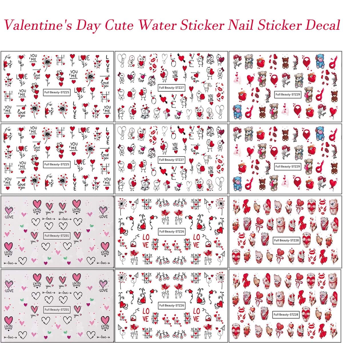 Valentine's Day Nail Stickers DIY Water Transfer Nail Stickers Heart Love Cute Bear Sexy Lips Love Letter Nail Art Design Supplies False Nail for Women Girls Decoration 12 Sheets