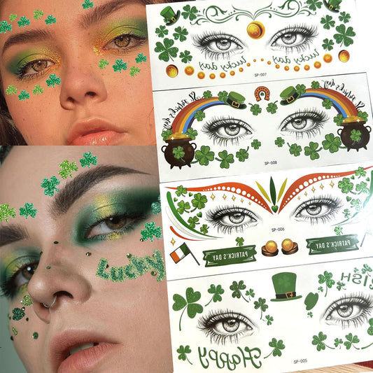 St. Patrick's Day Face Sticker Shamrock Face Temporary Tattoos Sticker Green Clove Face Body Tattoos Party Makeup Self Adhesive Holiday Festival Party Supplies 10pcs