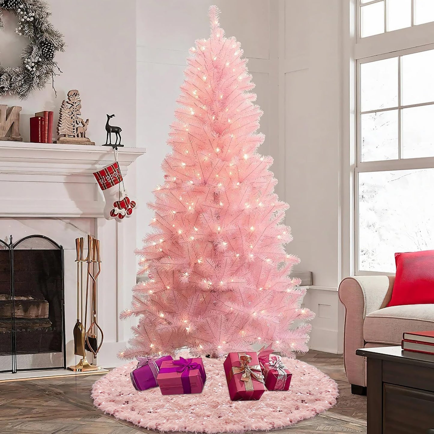 Blush Pink Christmas Tree Skirt, 48 inches Large Pink Faux Fur Feather Tree Ornaments with Sequins, Fluffy Xmas Tree Rug for Holiday Fall Winter New Year Christmas Decorations