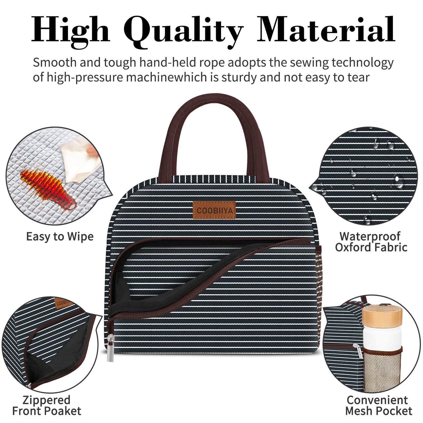 Coobiiya Lunch Bag Women, Lunch Box Lunch Bag for Women Adult Men, Small Leakproof Cute Lunch Tote Large Capacity Reusable Insulated Cooler Lunch Container for Work/Office/Picnic/Travel-Stripe