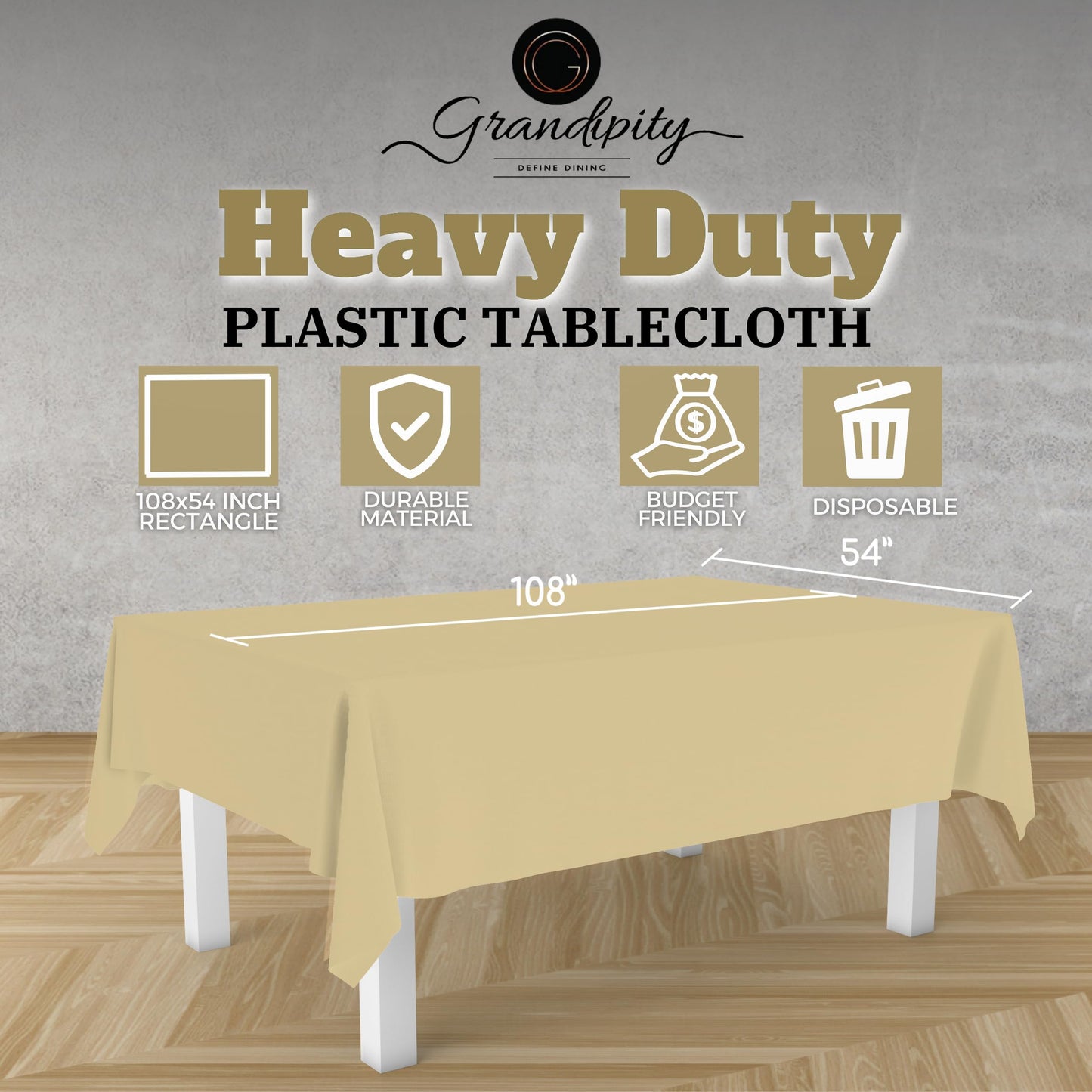 Grandipity Beige 12 Pack Premium Disposable Plastic Tablecloth 54 Inch. x 108 Inch. Decorative Rectangle Table Cover