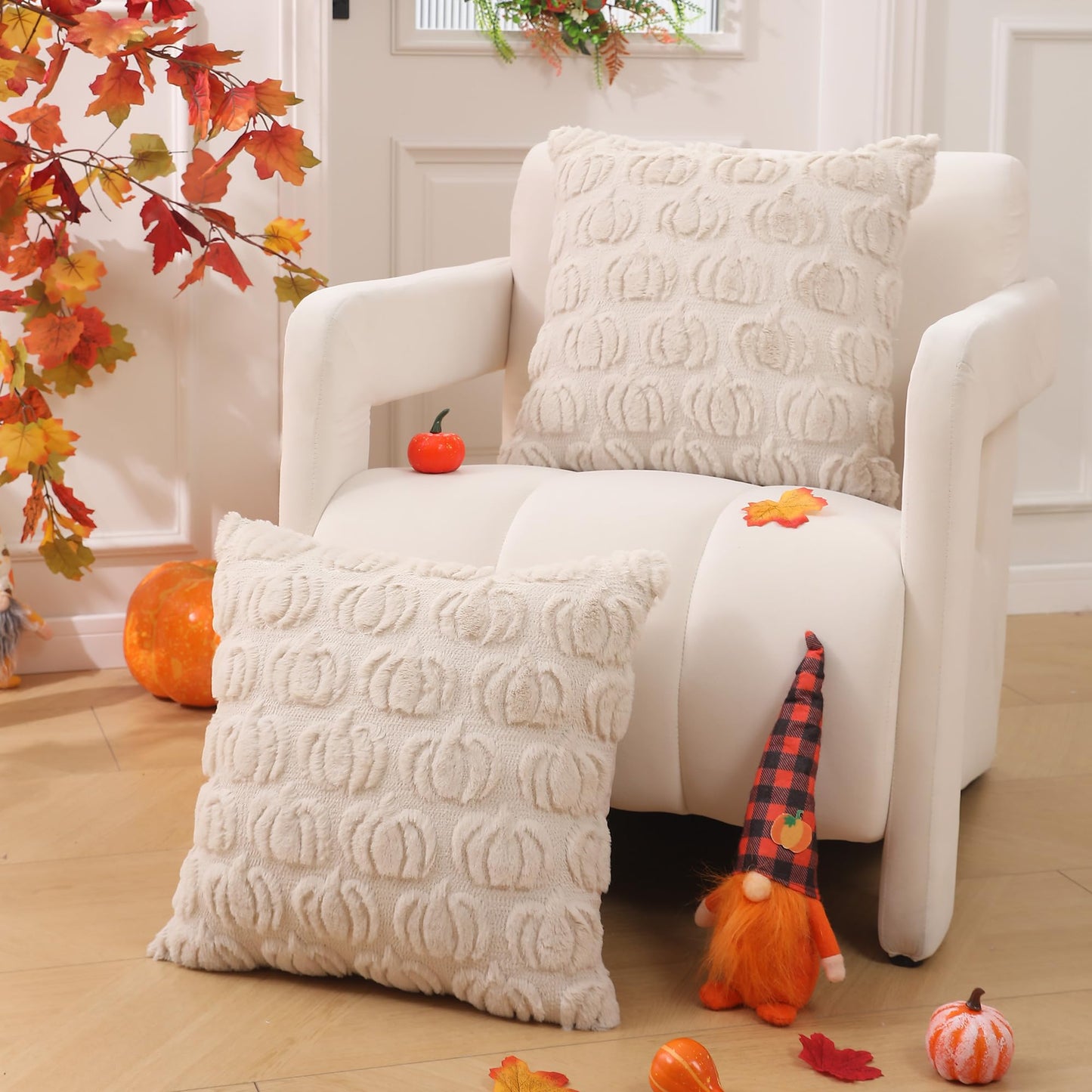 DFXSZ Fall Pillow Covers 16x16 Set of 2 Fall Decorations Autumn Beige Pumpkin Throw Pillow Cases Soft Plush Faux Fur Wool Couch Cushion Case for Chair Sofa Bedroom Living Room Home Decor PTK02B16