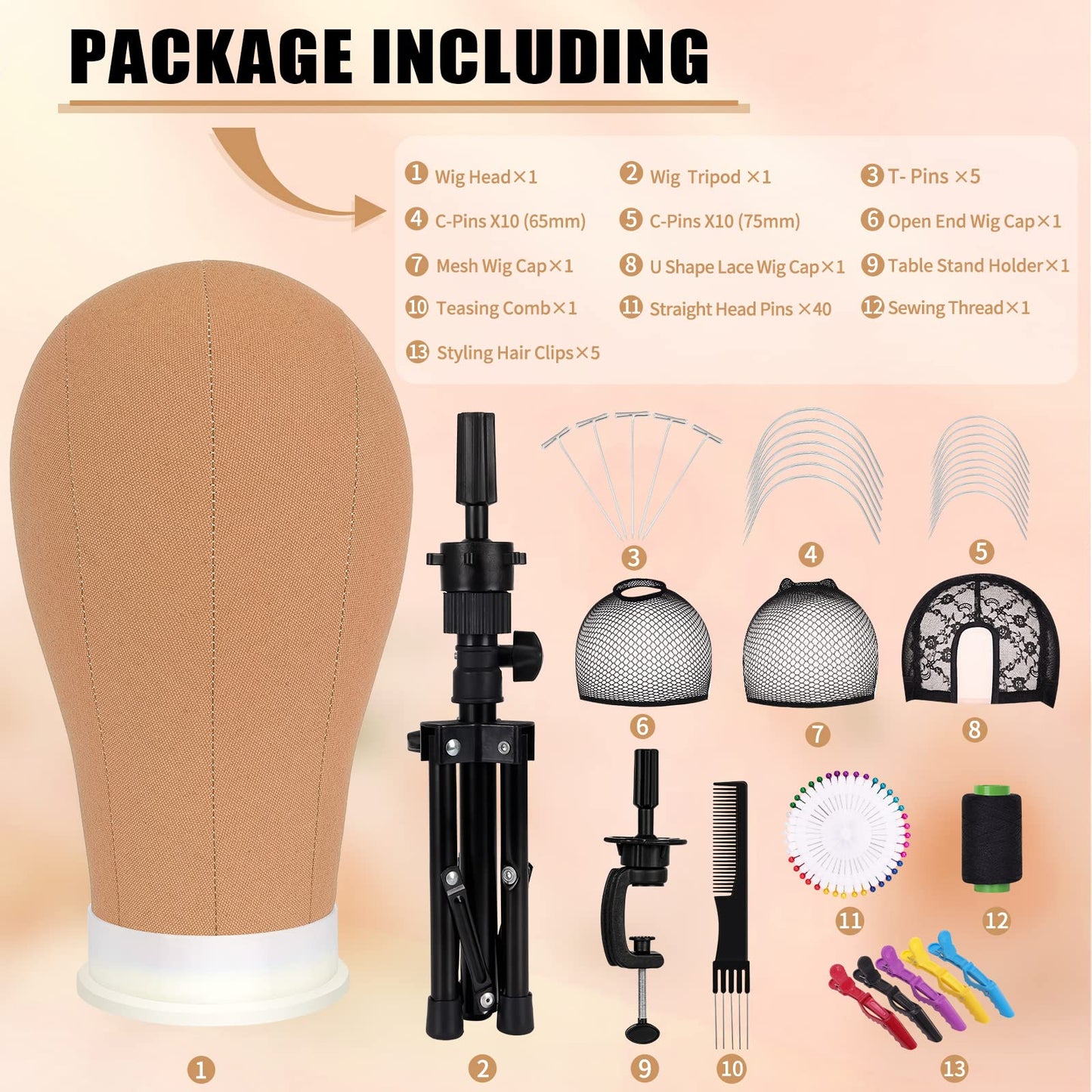 cenoz 22 Inch Wig Head, Canvas Mannequin Head for Wigs, Wig Stand Tripod with Head, Manikin Canvas Head Block Set for Wigs Making Display with Wig Caps, T Pins C Pins Set Bristle Brush