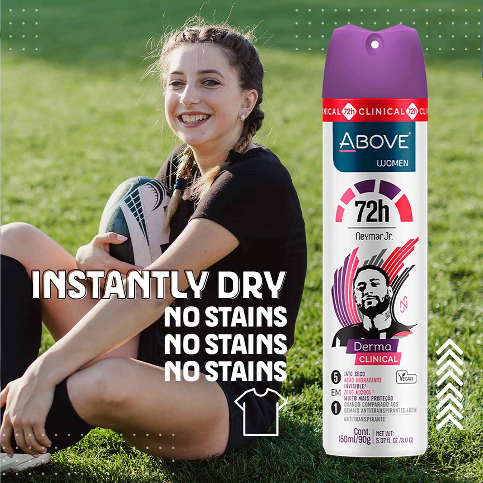 ABOVE 72 Hours Derma Clinical Antiperspirant Deodorant, Neymar Jr Women, 4 Pcs - Deodorant for Men - Mandarin, Cocoa, and Vanilla Notes - Dry Spray