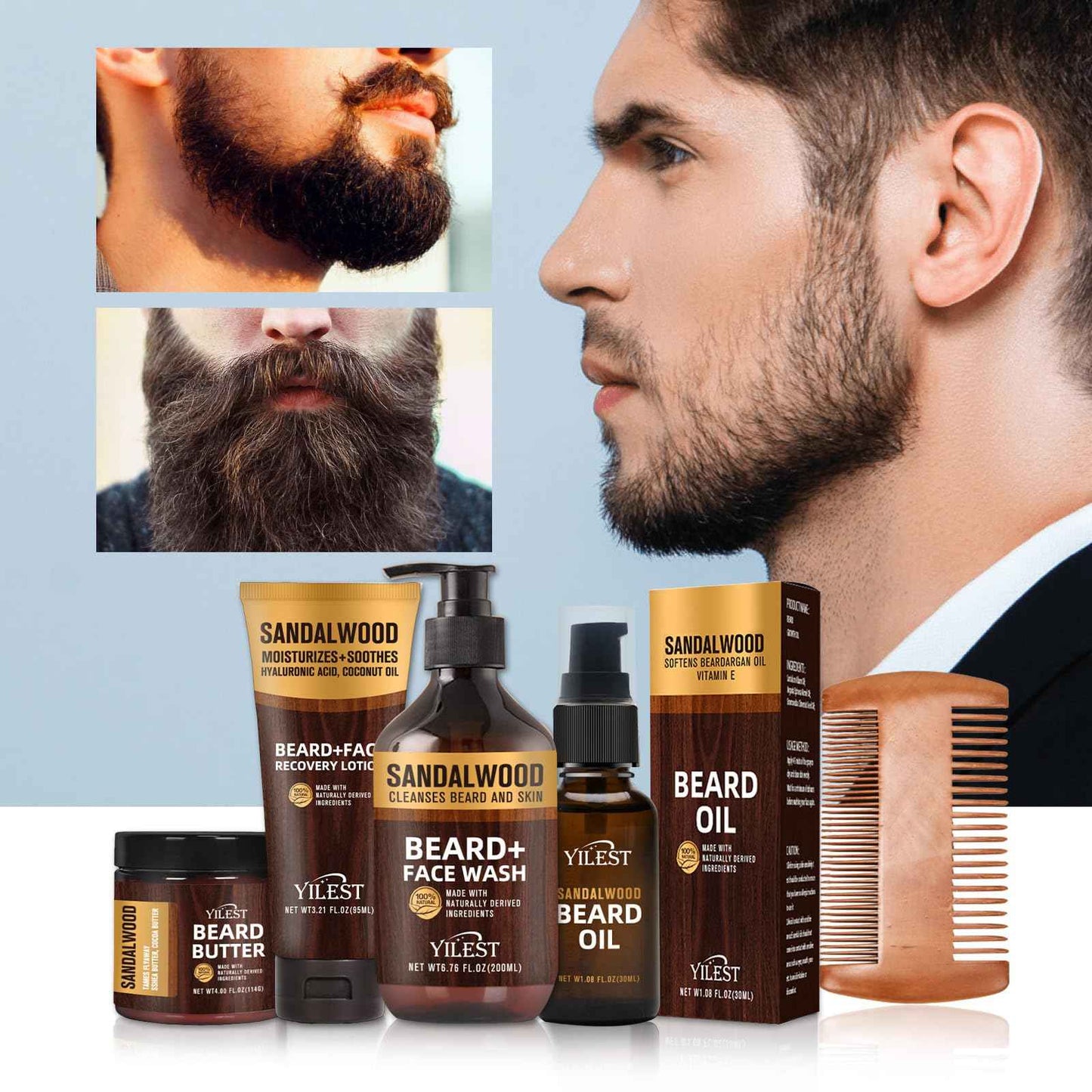 Sandalwood Beard Care Set | Nourish Follicles for Elastic Growth, Deeply Condition with Butter & Oil, Soothe Skin with Recovery Lotion & Gentle Wash