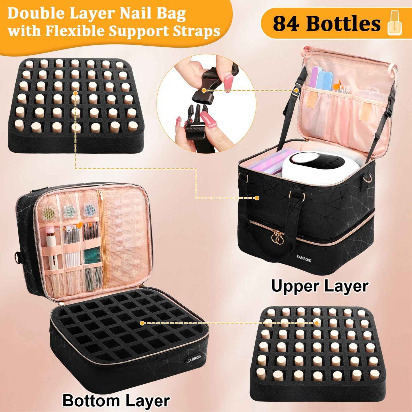 Sambois Nail Polish Organizer Bag Holds 84 Bottles (15ml/0.5 fl.oz)& Nail Lamp, PU Leather Nail Supplies Organizer with Holder& Shoulder Strap, Portable Travel Nail Kit Storage Carrying Case (Black)