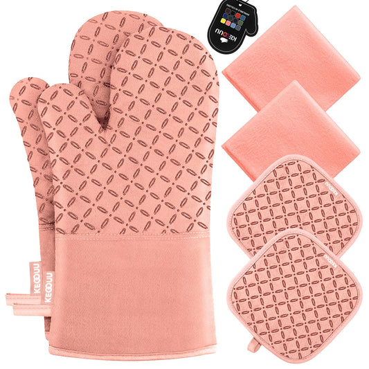 KEGOUU Oven Mitts and Pot Holders 6pcs Set, Kitchen Oven Glove High Heat Resistant 500 Degree Extra Long Oven Mitts and Potholder with Non-Slip Silicone Surface for Cooking (Pink)