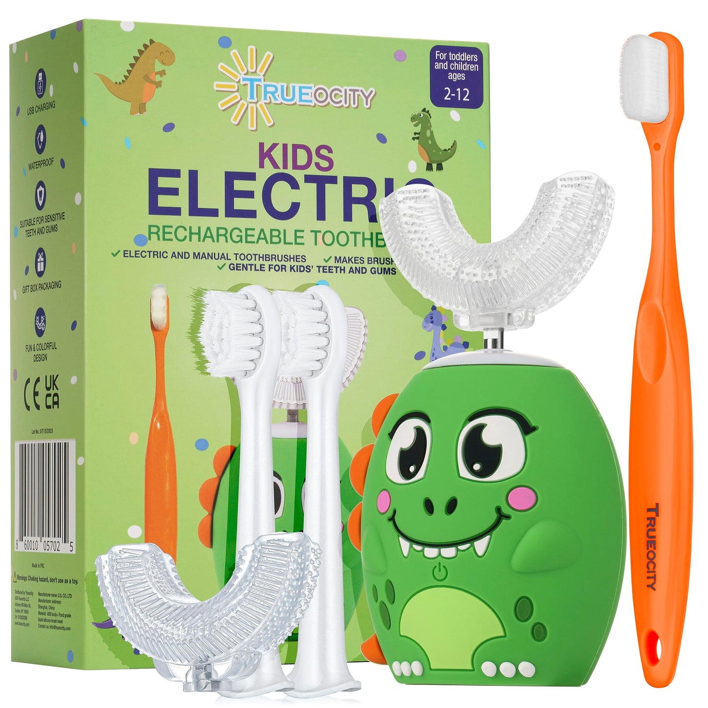 Trueocity Kids Toothbrushes U Shape, Kids Automatic Toothbrush, Toddler Toothbrush U Shaped, U Toothbrush Kids, Auto Toothbrush, Rechargeable Electric Brush Age 2+, Children's Toothbrush (Dinosaur)