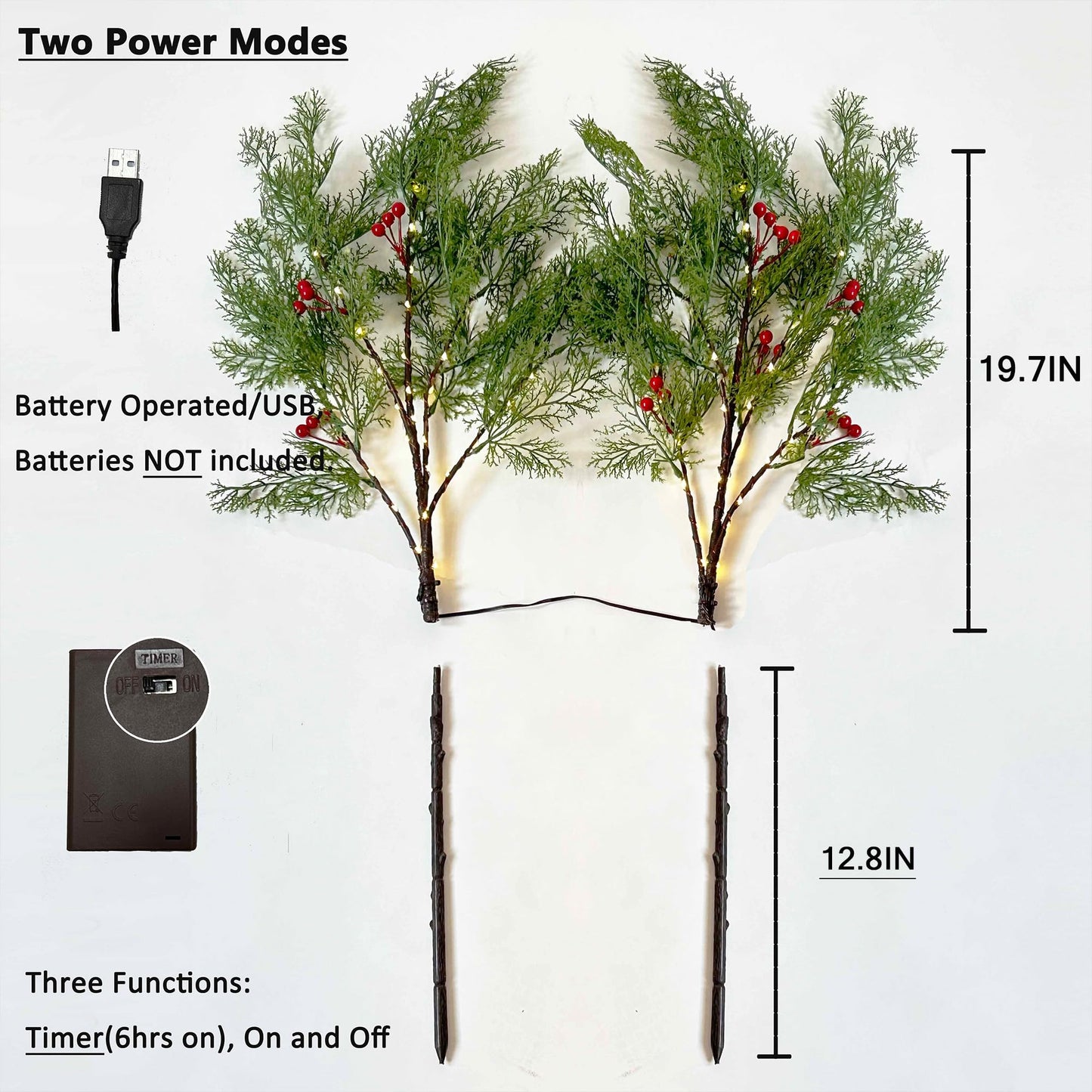 Hairui Lighted Cypress Red Berry Branches with Timer 32IN Battery Operated and USB Plug in, Pine Branch with Lights 60 LED Fairy Lights for Home Christmas Decoration Inside