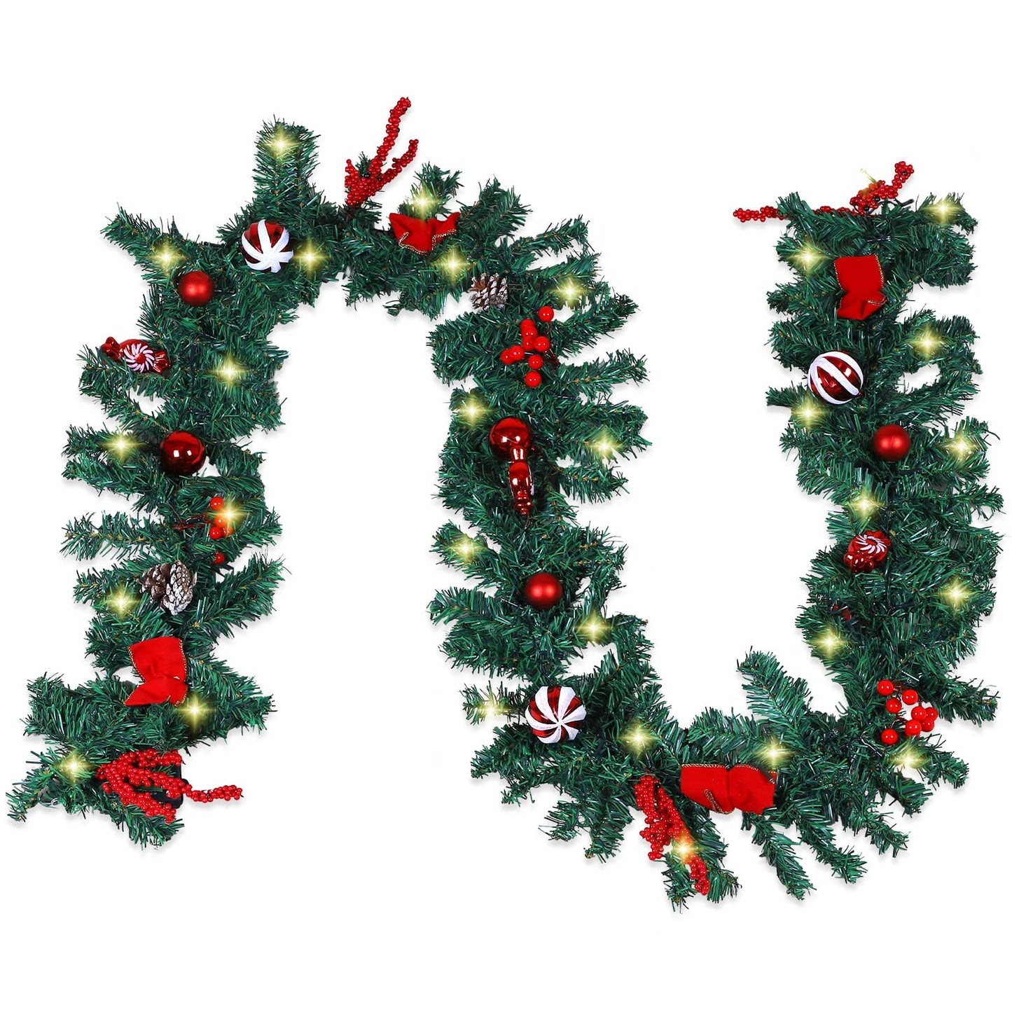 ANALIM 9 FT LED Christmas Garland with Christmas Balls Candies Pinecones Red Berries Bows, Multi-Function Christmas Garland with 50 Warm White LED Lights, 180 Branch Tips