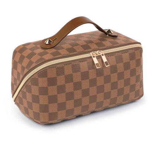 BAYANKALA Leather Travel Makeup Bag, Large Capacity Cosmetic Bag for Women, Waterproof Portable Pouch with Divider, Toiletry Organizer with Handle, 10.5x5x5 Inches, Deep Brown