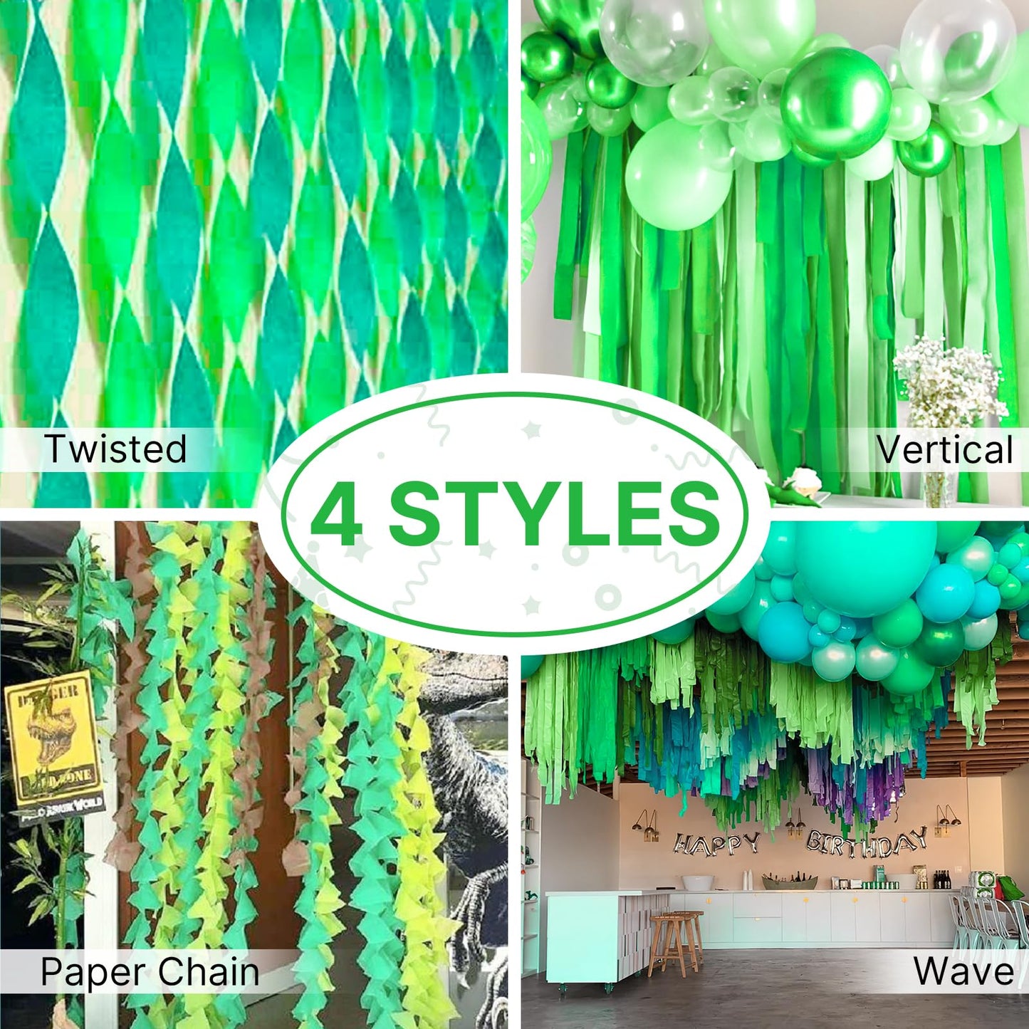 PartyWoo Crepe Paper Streamers 6 Rolls 492ft, Pack of Grass Green and Pale Olive Crepe Paper Streamer, Crepe Paper Birthday Decorations, Party Decorations, Wedding Decorations (1.8 in x 82 Ft/Roll)