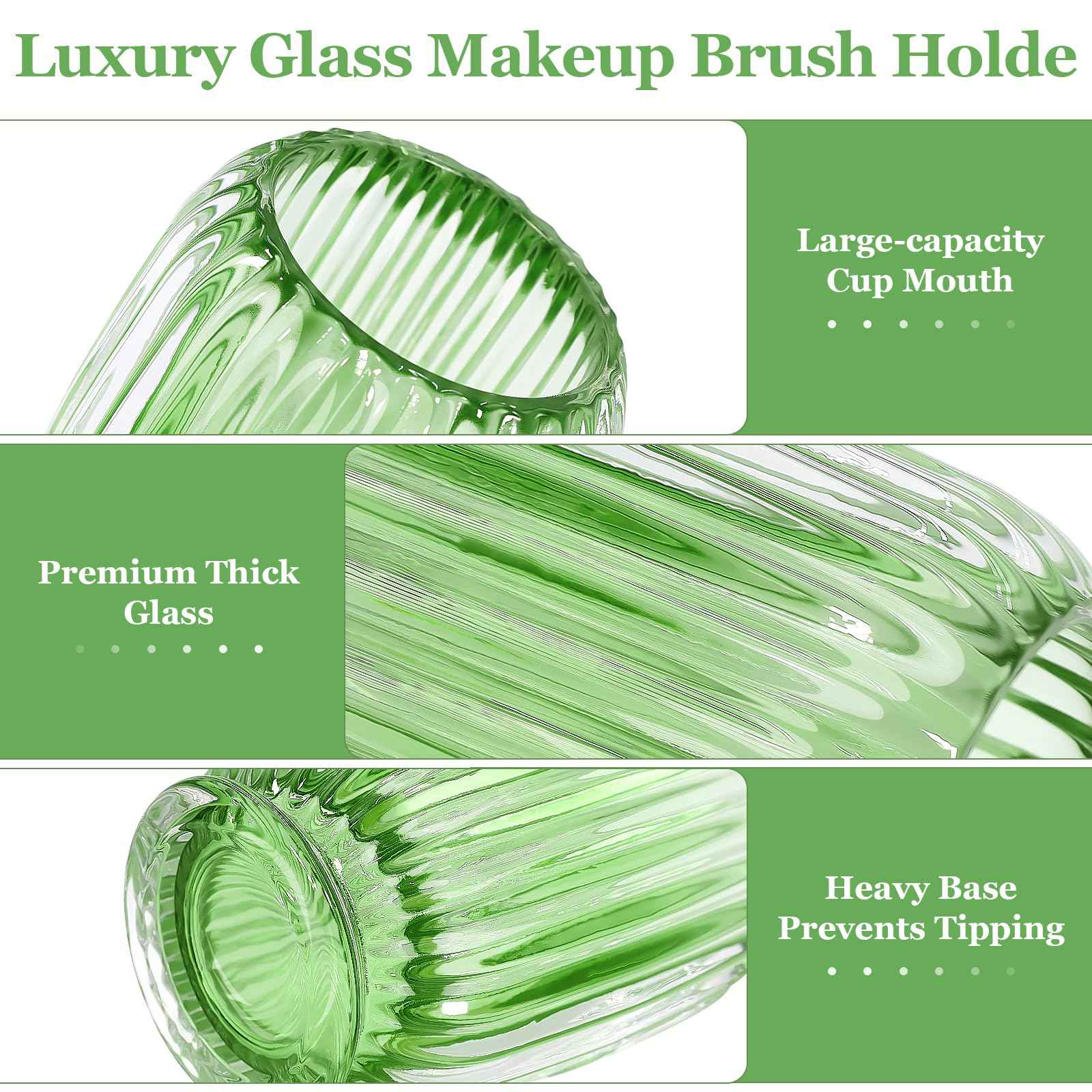 Makeup Brush Holder, Thick Glass Makeup Brush Organizer Cup, 4.8" Tall for Vanity Hair Brush Holder Brushes Storage, Makeup Brush Holder Organizer organizador de brochas de maquillaje Crystal Green