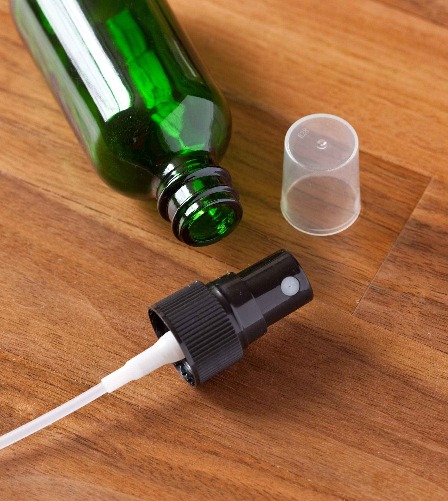 JUVITUS 2 oz Green Glass Boston Round Bottle with Black Fine Mist Spray (12 Pack) + Funnel