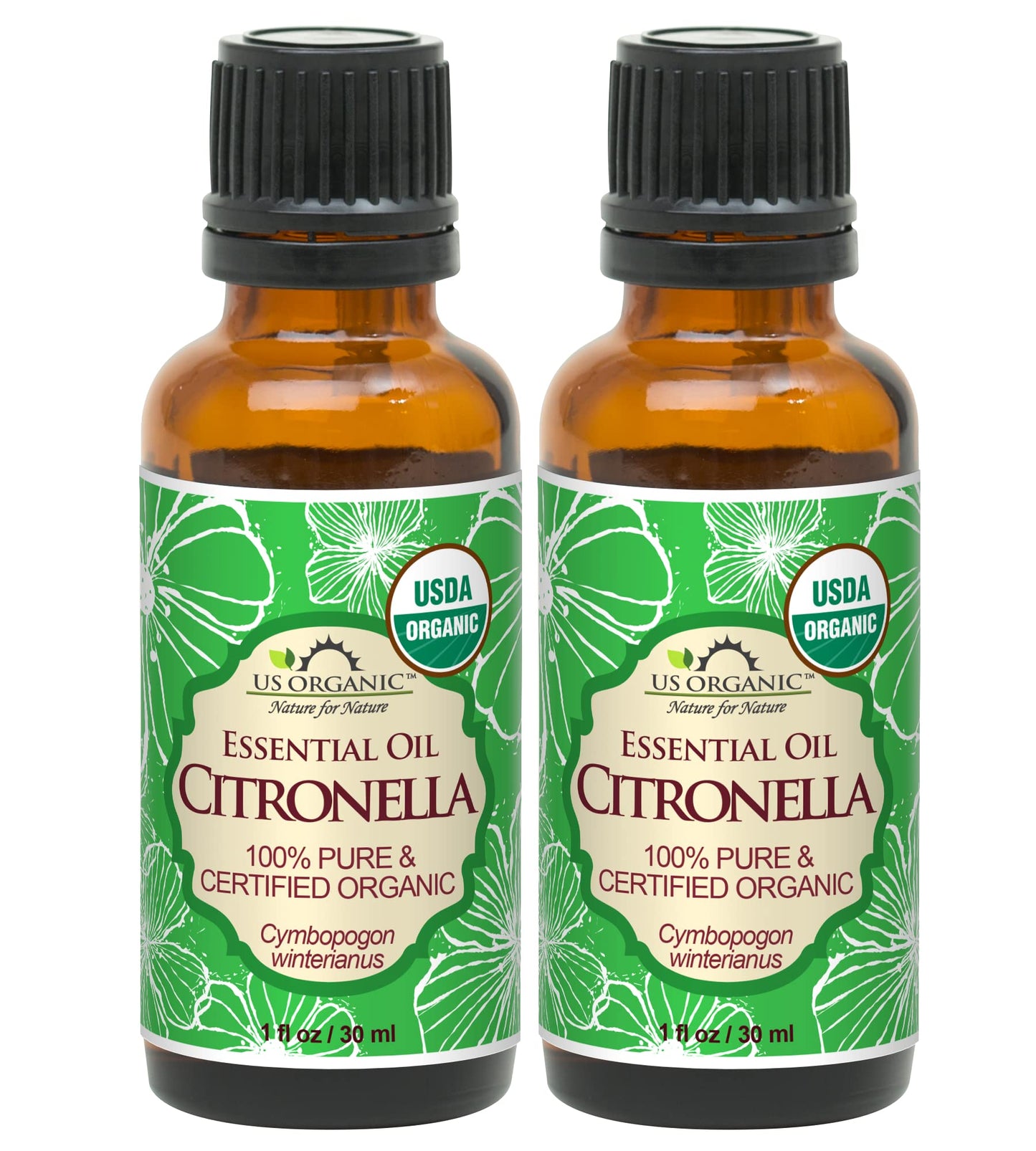 US Organic Citronella Essential Oil, USDA Certified, 100% Pure, 30 ml Pack of 2, Improved caps and droppers – Used for Skin Care, Many DIY Projects Like Candle Making and Much More