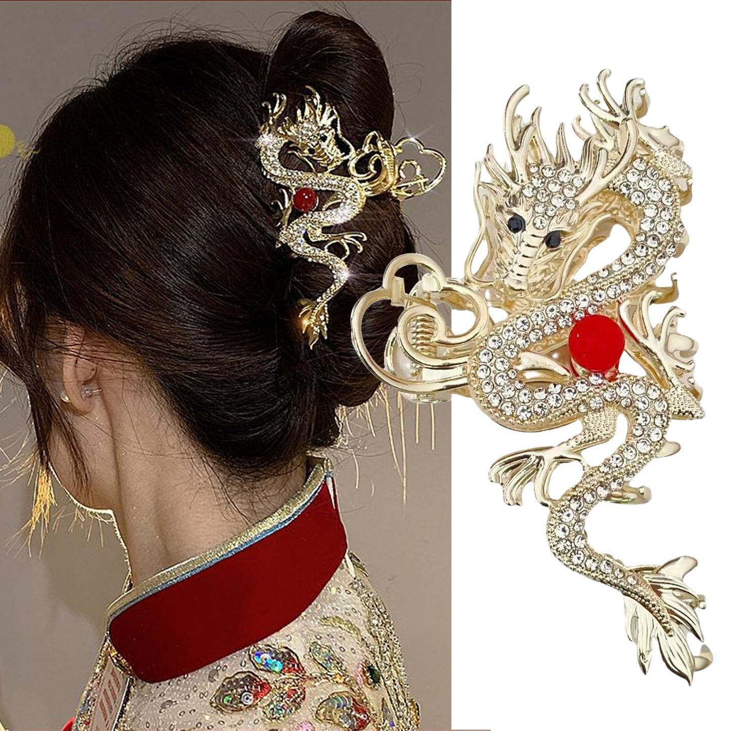 The Spring Festival Large Metal Rhinestone Hair Clips - Dragon Design Gold Hair Accessories for Women Girls, Non-slip Barrettes and Jaw Clamps for Thick/Thin Hair