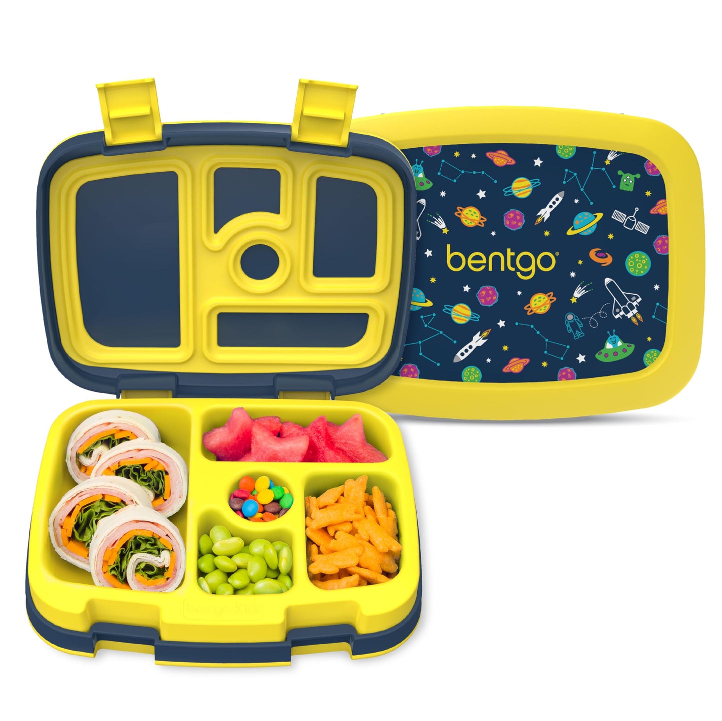 Bentgo Kids Prints Leak-Proof, 5-Compartment Bento-Style Kids Lunch Box - Ideal Portion Sizes for Ages 3-7, Durable, Drop-Proof, Dishwasher Safe, & Made with BPA-Free Materials (Space)