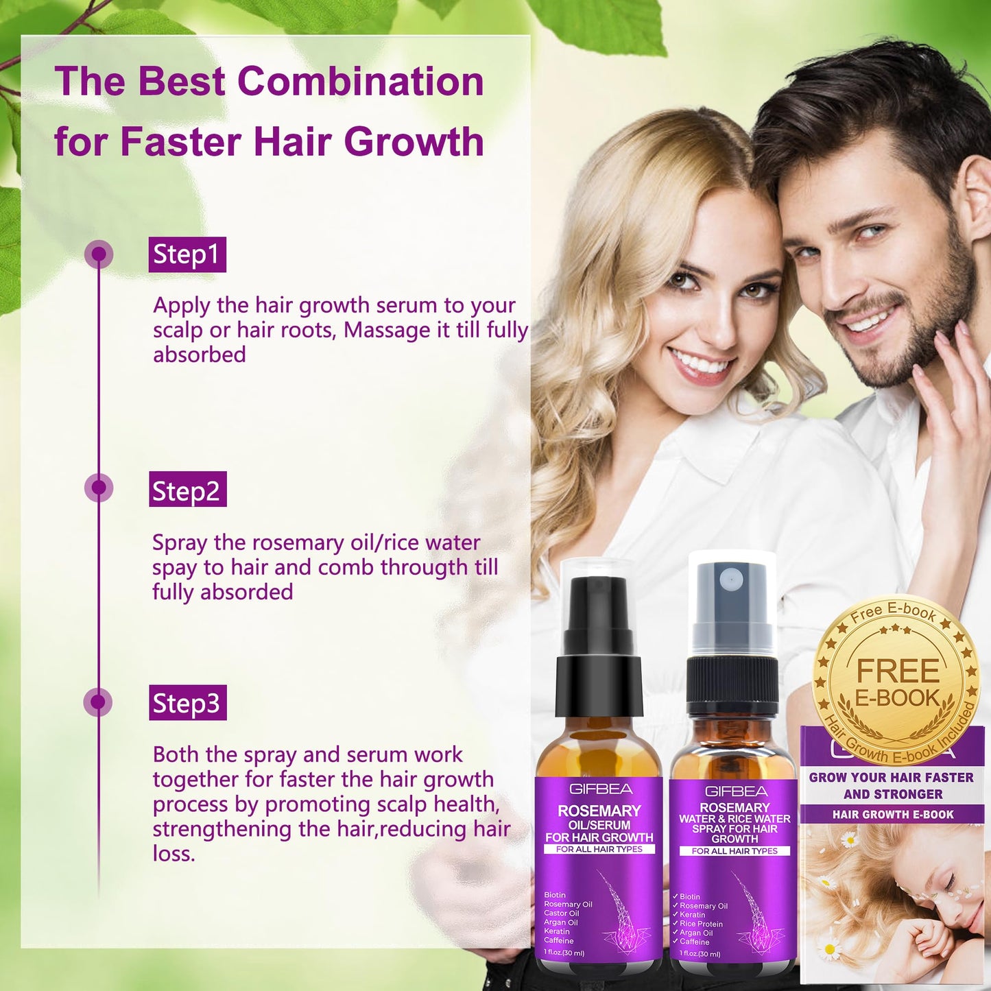 Rosemary Oil Hair Growth Serum W/Rosemary Water & Rice Water Spray Hair Growth,Biotin Castor Oil Argan Oil Caffeine Keratin Reduce Hair Loss,Restore Dry Damaged Hair Regrowth Treatments for Women Men