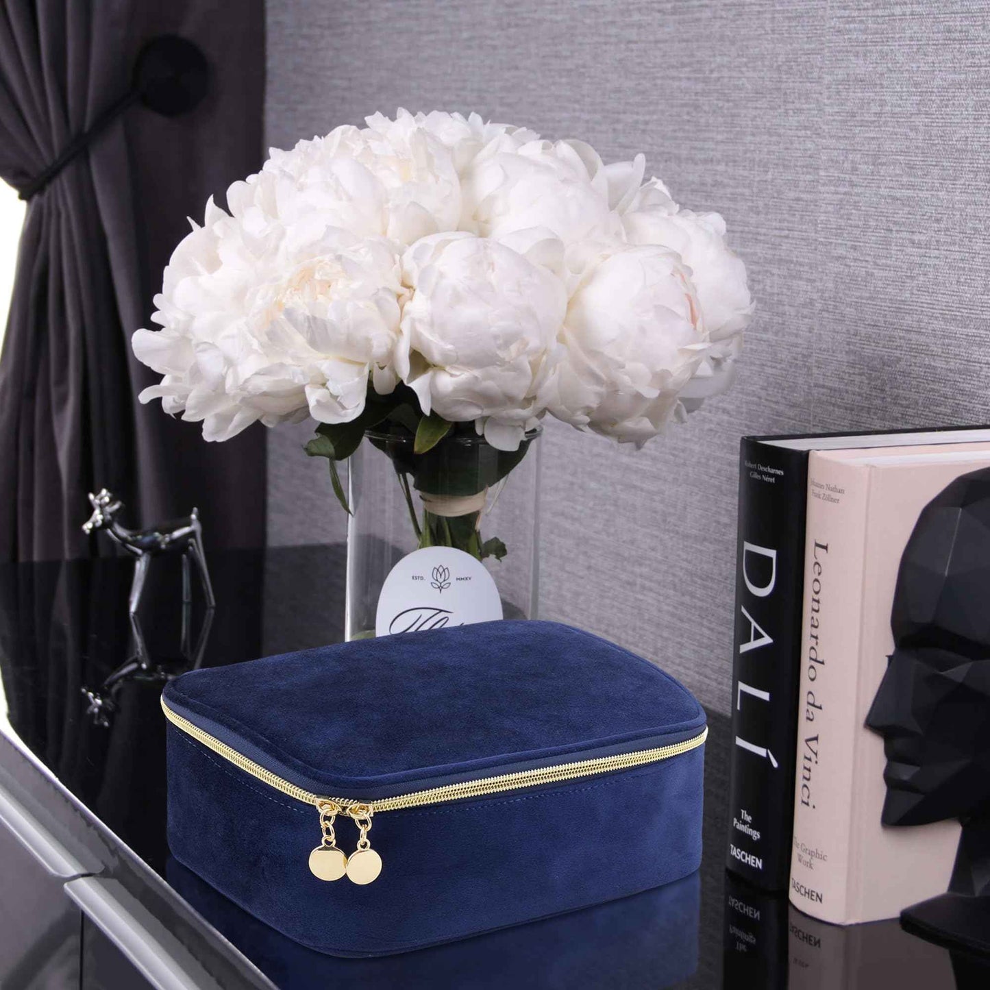 KOPY Velvet Makeup Bag for Women, Large and Classy Makeup Organizer, Make Up Travel Toiletry Bag Portable With Handle (Navy)