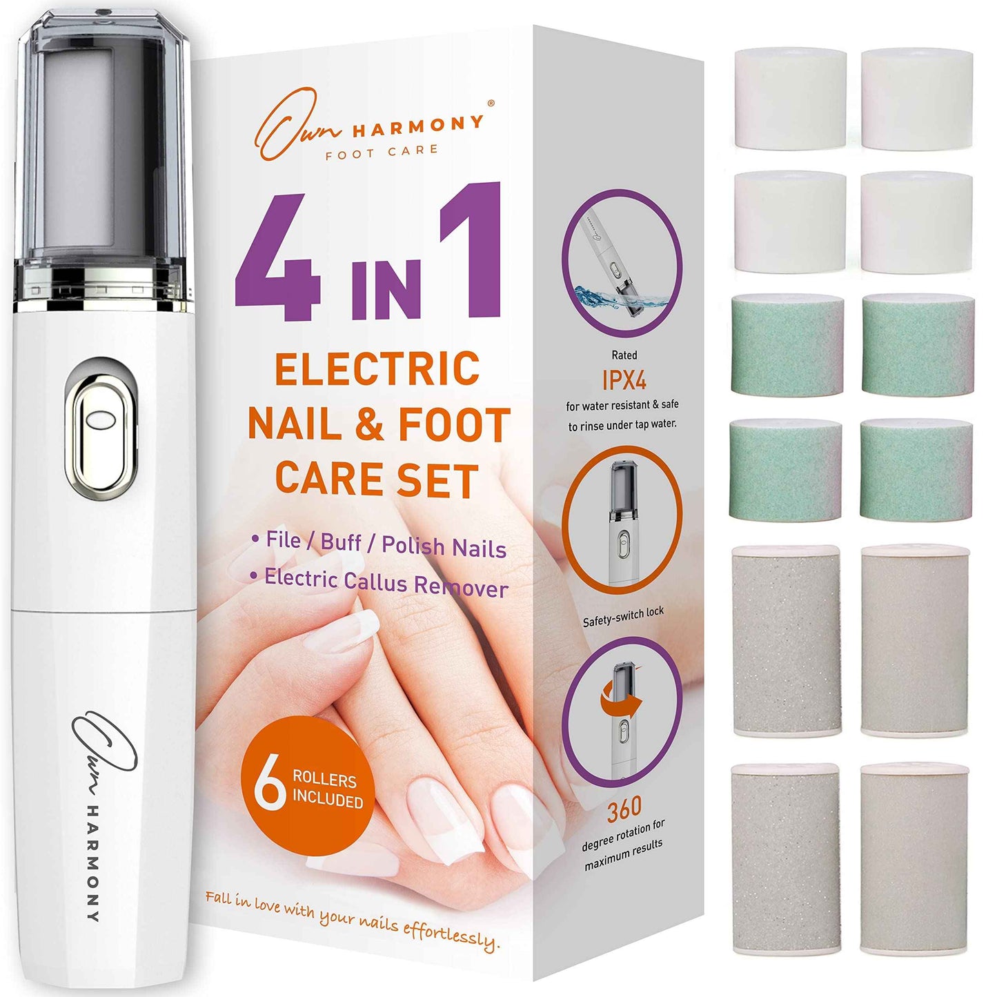 Own Harmony Electric Nail Buffer with Callus Remover Foot Care and 12 Rollers Bundle: Manicure Pedicure Tools Shine Kit - Best Electronic Mani Pedi Polisher Set to Buff, Polish, File Thick Toenails