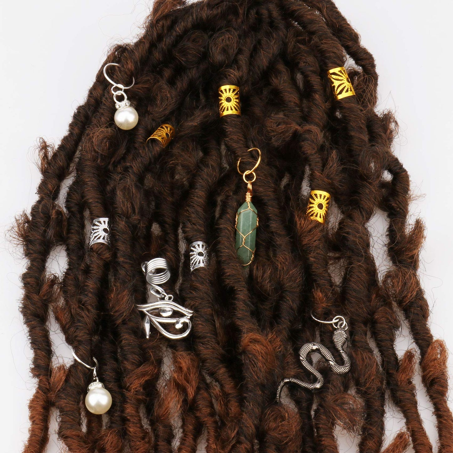 Messen 121PCS Hair Jewelry Dreadlocks Crystal Wire Wrapped Loc Adornment Imitation Wood Beads Braiding Cuffs Beard Tube Beads Hair Coils Rings Pearl Hair Pendants for Braids