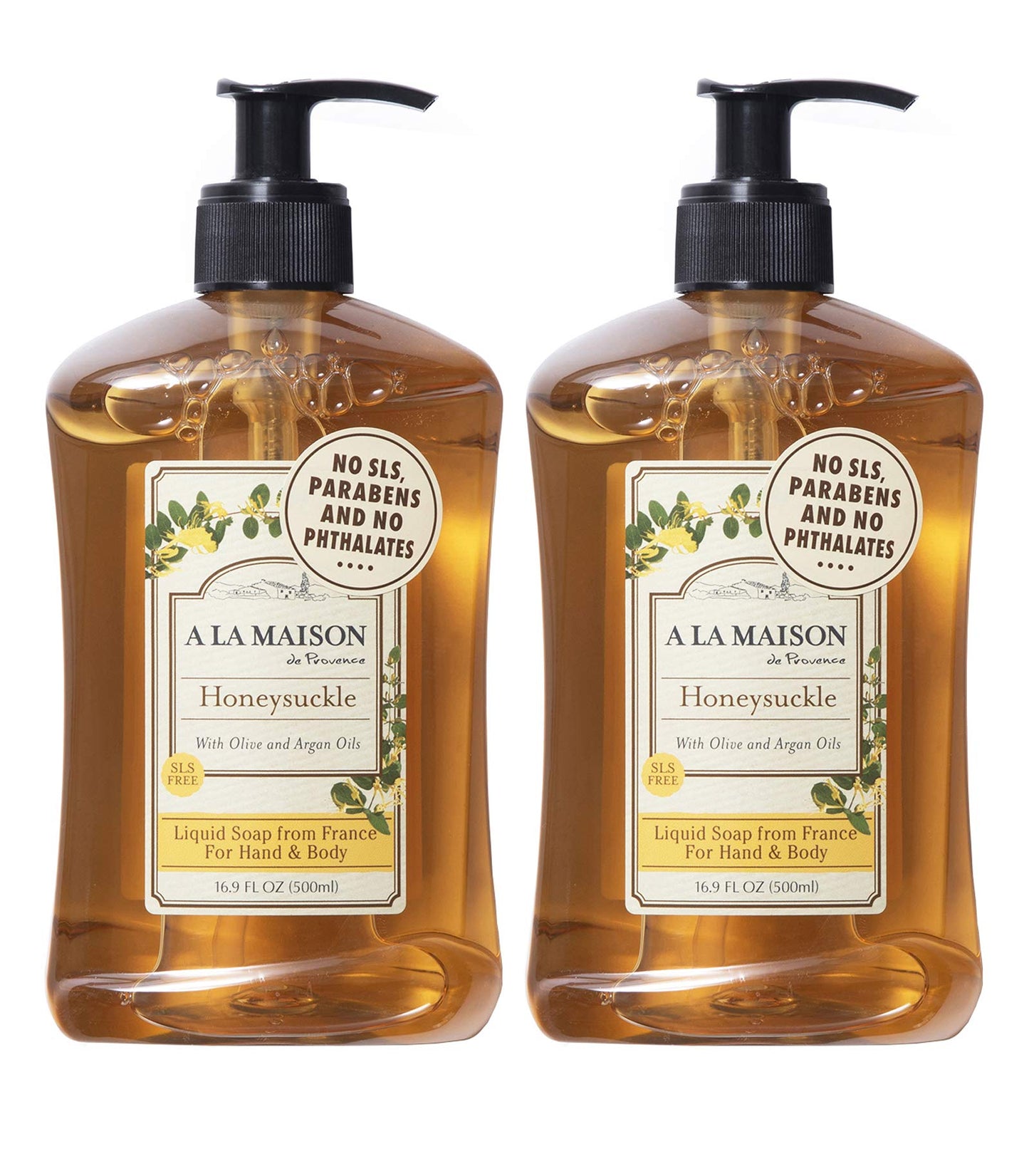 A LA MAISON French Liquid Hand Soap, Honeysuckle - Natural Hand Wash Made with Essential Oils - Biodegradable, Plant-Based, Vegan, Cruelty-Free, Alcohol & Paraben Free (16.9 oz, 2 Pack)