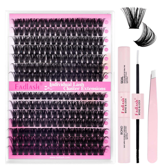 FADLASH Lash Extension DIY Kit Volume Fluffy Lash Clusters D Curl Cluster Lashes with Lash Bond and Seal Lash Tweezers for DIY Eyelash Extension at Home for Self Use（Kit 80D+100D-0.07D-12-18MIX）