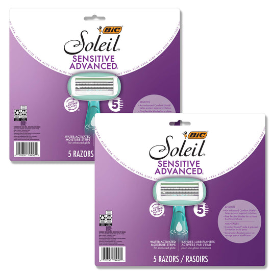 BIC Soleil Sensitive Advanced Women's Disposable Razors With 360 Degree Water Activated Moisture Strip for Enhanced Glide, Shaving Razors With 5 Blades, 10 Count