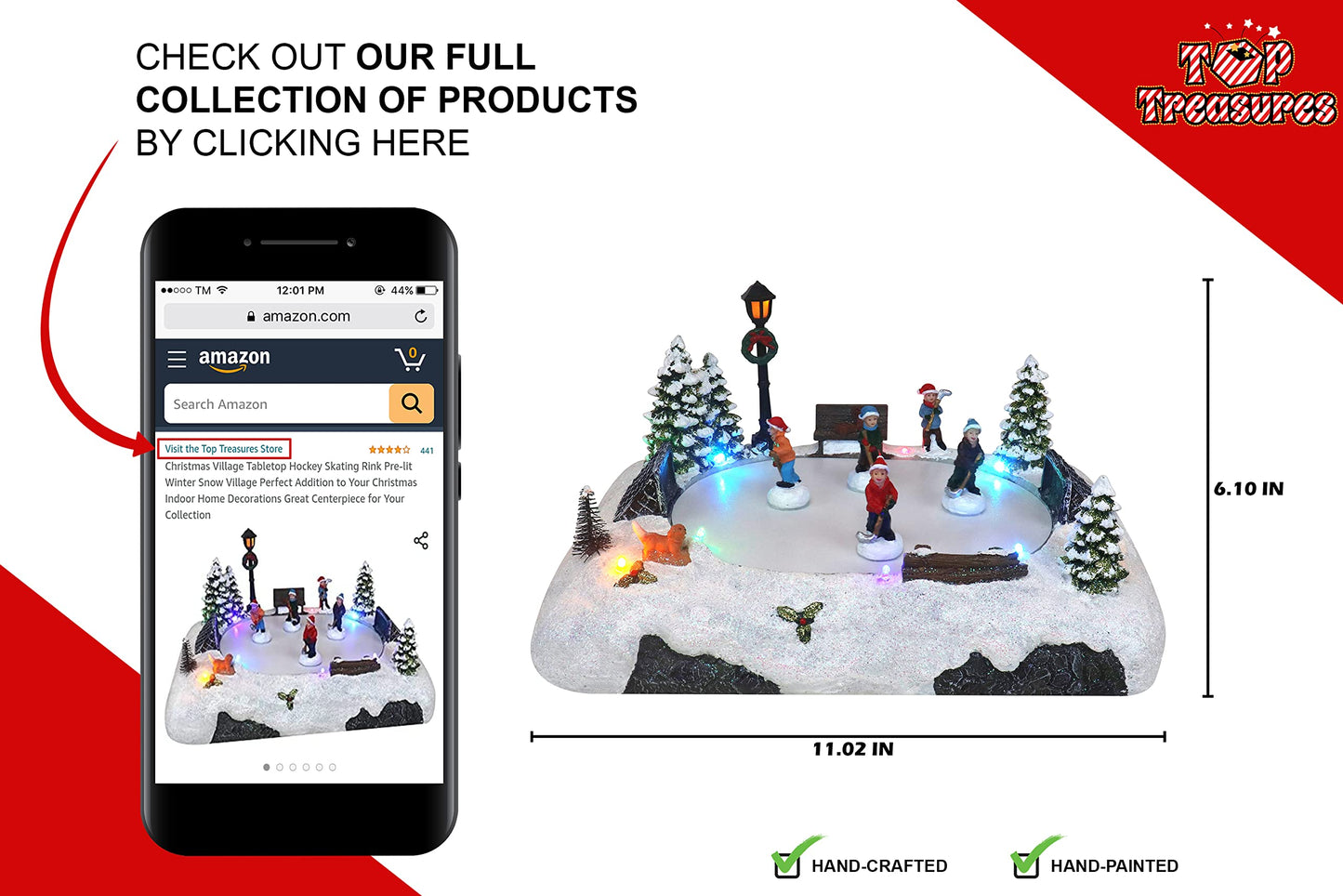 Christmas Village Tabletop Hockey Skating Rink - Animated Musical Pre-lit Winter Snow Village - Perfect Addition to Your Christmas Indoor Home Decorations - Great Centerpiece for Your Collection