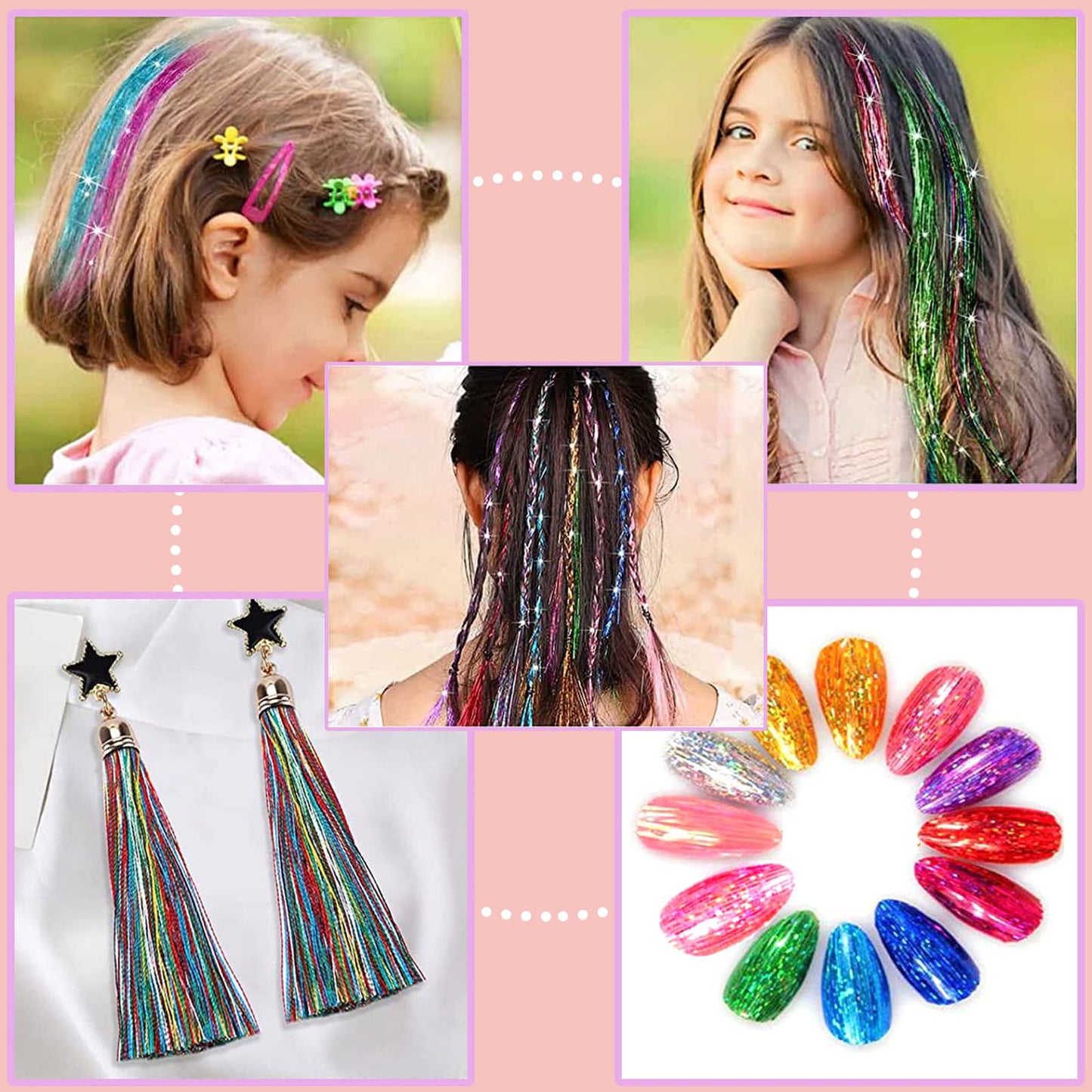 48 Inch Glitter Hair Tinsel Extensions Kit (16 Colors, 4800 Strands) With Tools - Heat Resistant Fairy Hair Accessories for Women, Girls, Kids