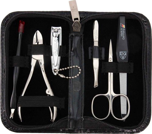 3 Swords Germany - brand quality 6 piece manicure pedicure grooming kit set genuine leather case black, Made in Germany