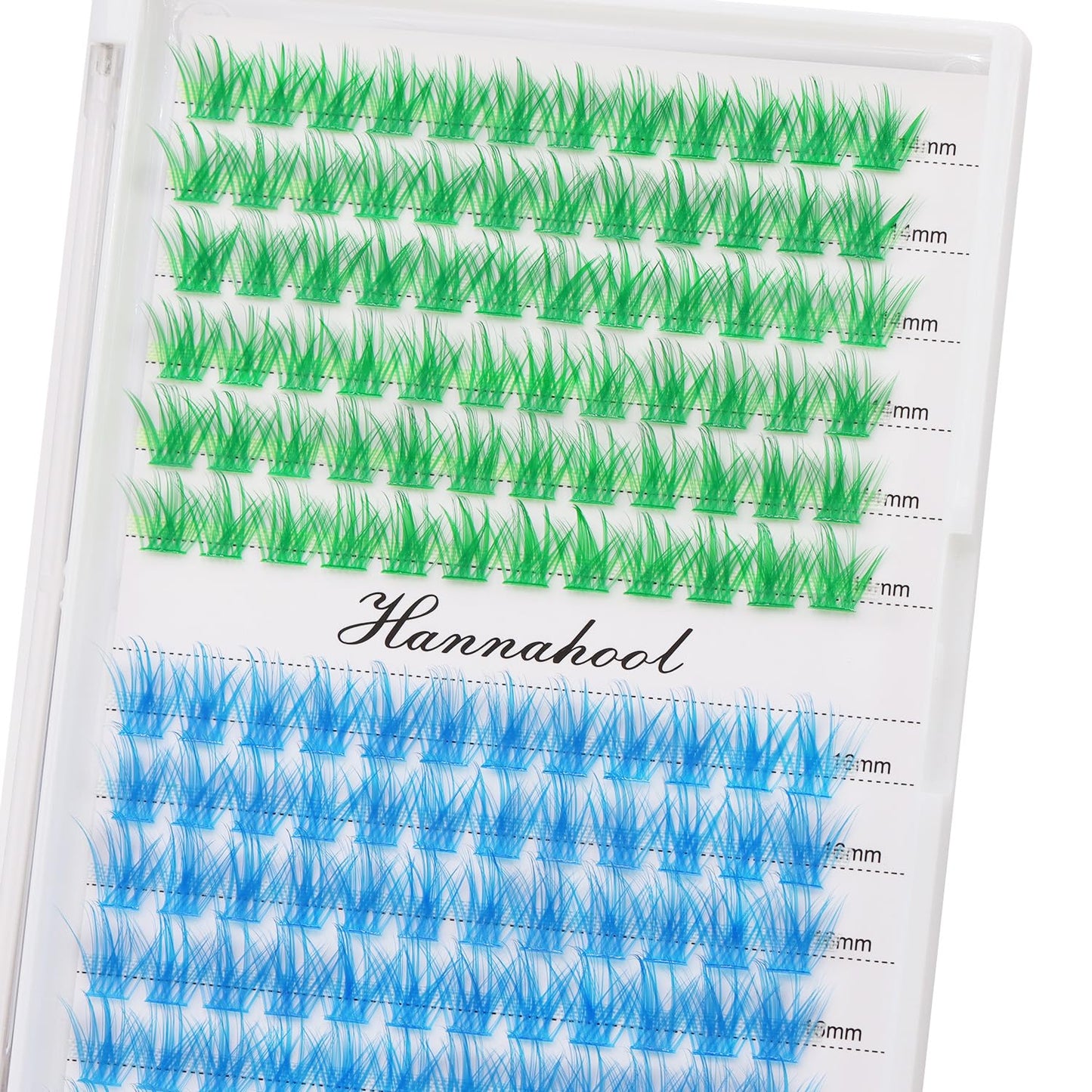 Hannahool 12rows-Large Tray Mixed 8-10-12-14-16mm/Mixed 14-15-16mm/Mixed14mm-16mm/Mixed 18-20mm Wide Stem Individual False Eyelashes Dramatic Black Cluster Eyelashes (LC07-Green-blue-14-16mm)