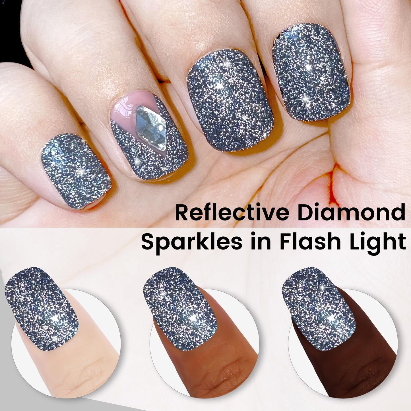 YTD Likomey Reflective Glitter Gel Nail Polish,15ml Black Flash Diamond Shimmer Nails Gel,Dark Blue Tone Black Sparkly Shiny Salon Home Nail Art Manicure UV Nail Gel,SZ010