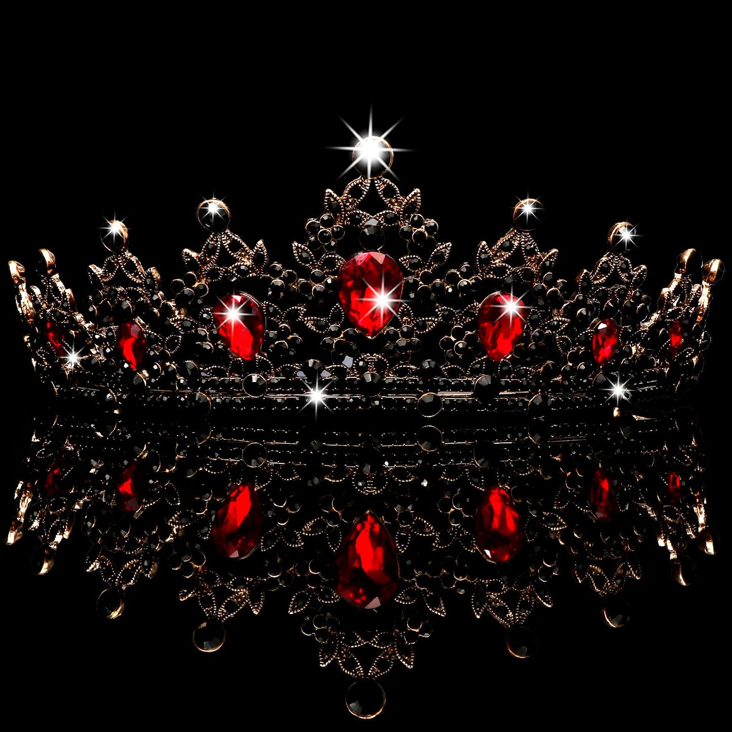 CAVETEE Black Crown for Women Halloween Party Favors Birthday Tiara Luxurious Red Rhinestones Crown Wedding Bridal Crown Birthday Party Princess Party Prom Black Tiaras and Crowns for Women Girls