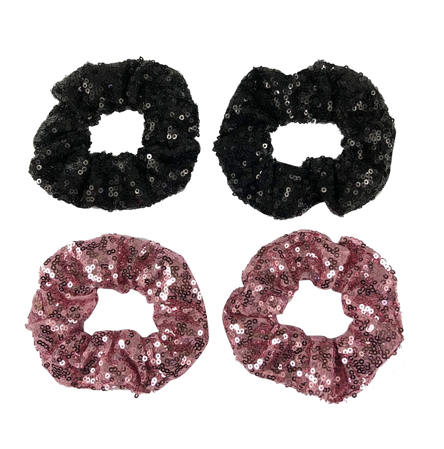 4 Pcs Sequin Hair Scrunchie Hair Bobbles Metallic Elastics Ponytail Holders Hair Wrist Ties Bands Cloth Scrunchies for Show Gym Dance Party Club Girl Women (Black+Pink)