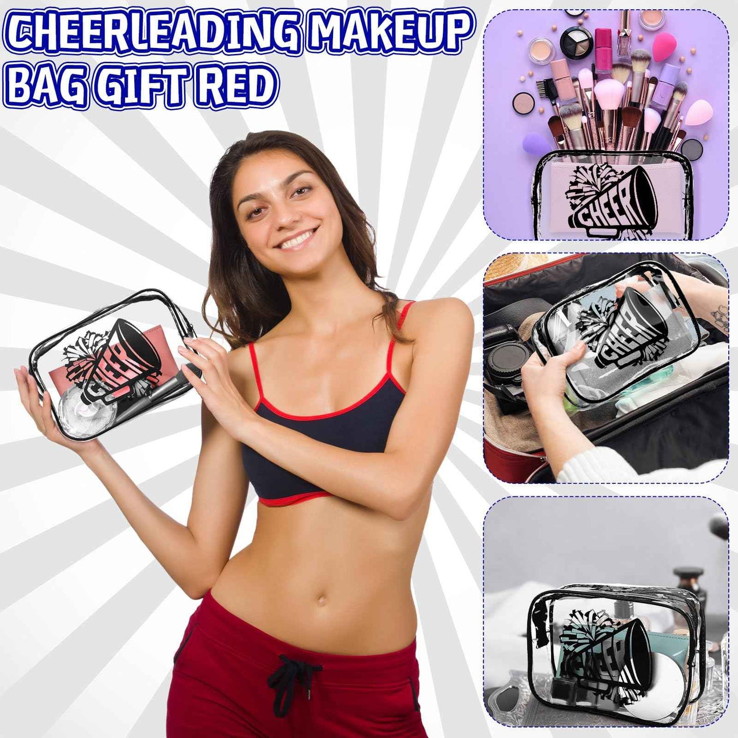 Kacctyen 24 Pcs Black Cheer Makeup Bag Cheer Gifts Bulk for Team 7 x 4.7 x 2.4'' Cosmetic Bag Cheerleader PVC Makeup Case Clear Toiletry Zipper Pouch for Cheerleading Teammates Party Supplies