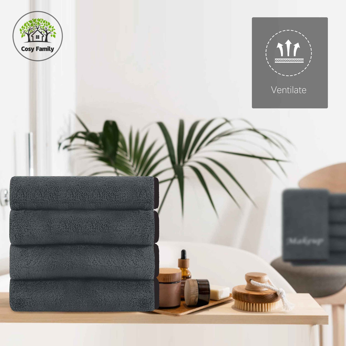 Cosy Family 10 Pack Makeup Remover Wash Cloths - Soft Microfiber Fingertip Facial Cleansing Cloths for Hand and Make Up, 12 x 12 in, Black Grey