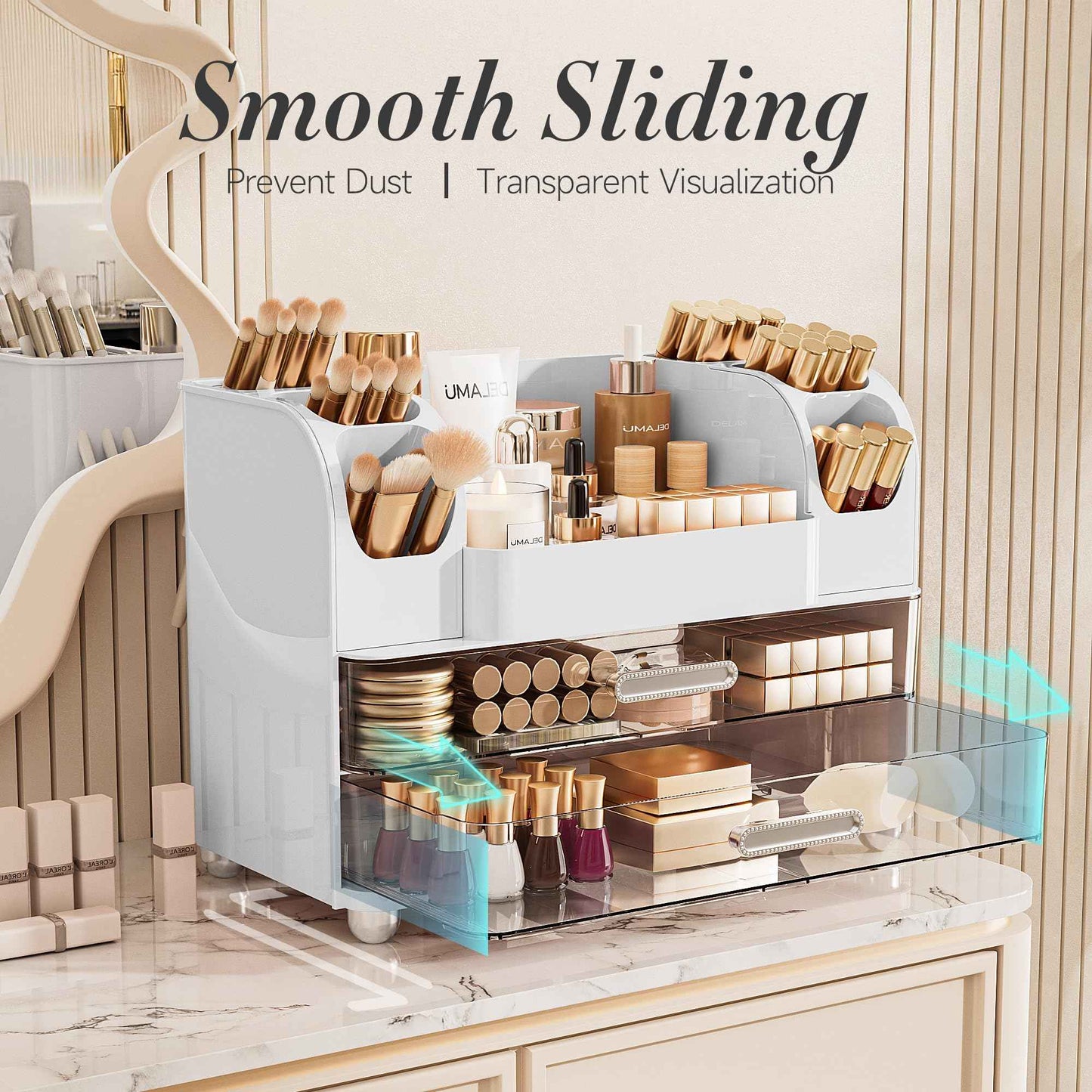 Delamu Makeup Organizer Countertop with 6 Brush Holder, Bathroom Countertop Organizer with 2 Large Drawers, Cosmetic Display Case for Vanity, Ideal Christmas Gifts for Women Girls, Light White