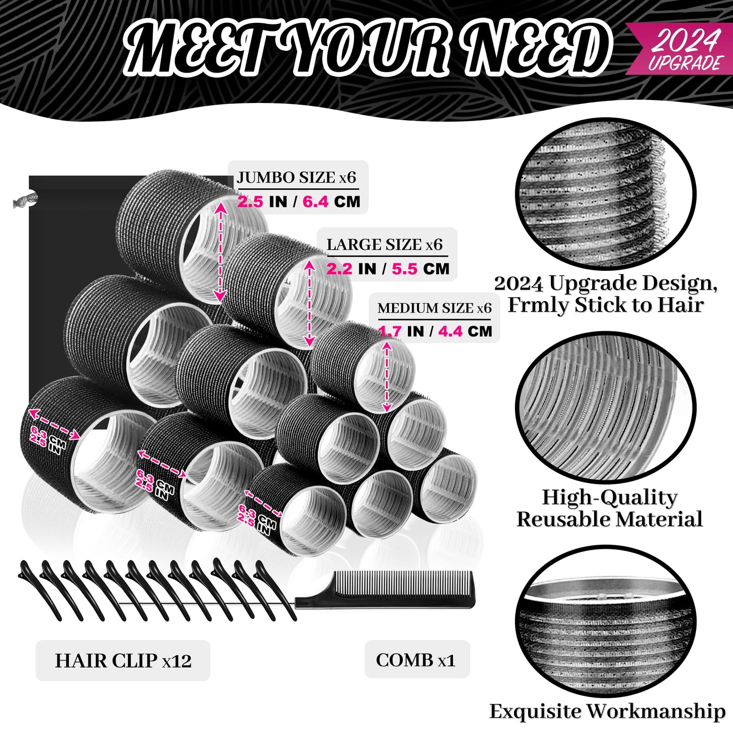 ALLBIZ 32 Pcs Set Jumbo Large Hair Rollers for Blowout Look with Clips, Comb and Bag, 3 Sizes Rollers for Long Hair, Medium and Short Hair, Black