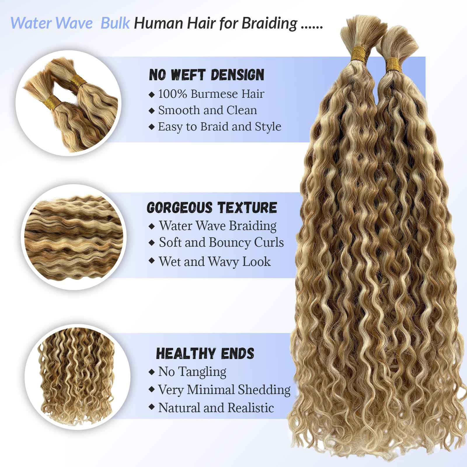 Highlight Human Braiding Hair for Boho Braids, 27/613 Curly Boho Human Hair for Braiding Highlights Blonde Deep Water Wave Bulk Human Hair Color 27 and 613 Bohemian Knotless Braids Two Bundles