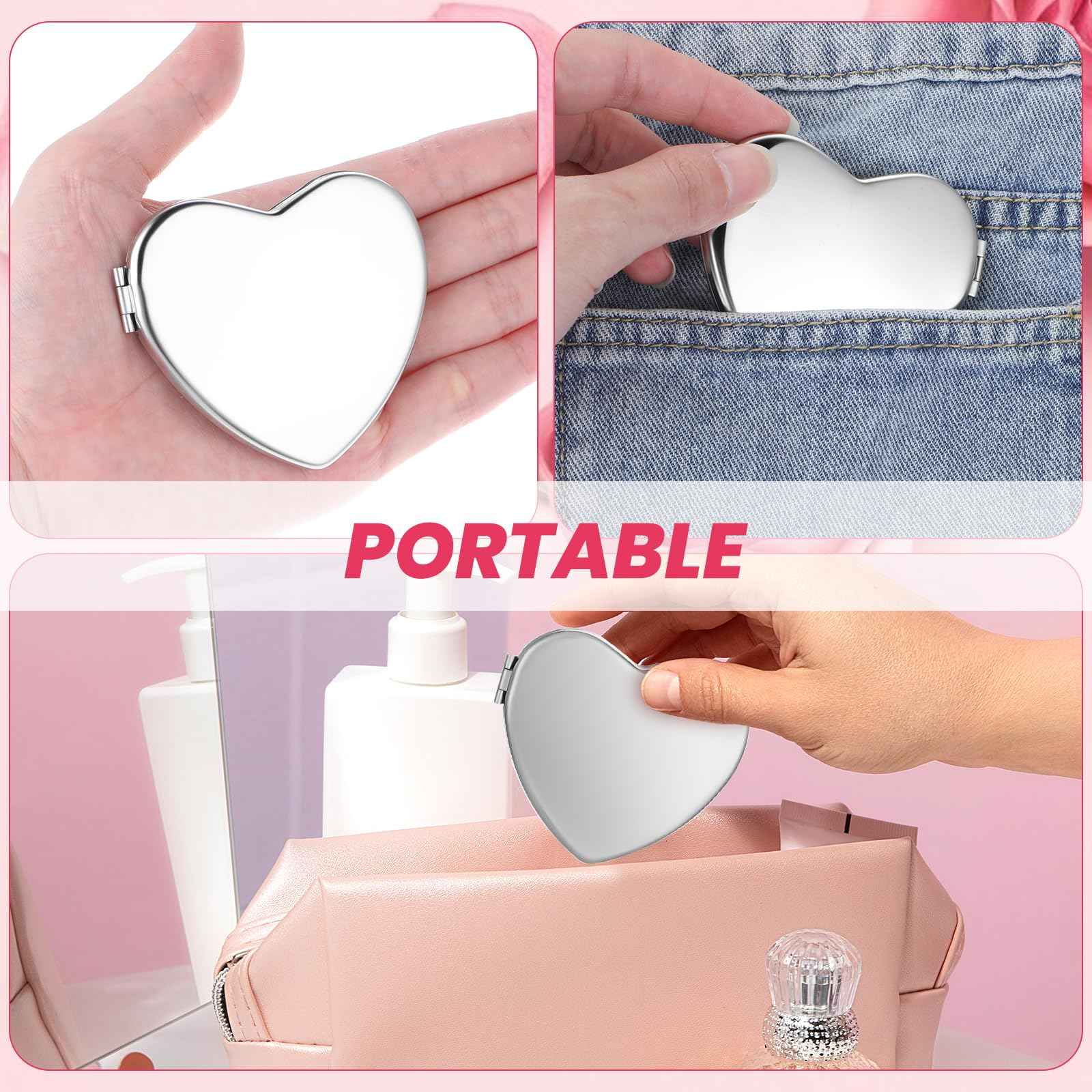 Dimeho Compact Mirror Travel Makeup Mirror Metal Pocket Cosmetic Mirrors Portable Handheld Beauty Mirror Folding Double-Sided Elegant Vanity Mirror for Men Women Purse(Silver-Heart Shaped)