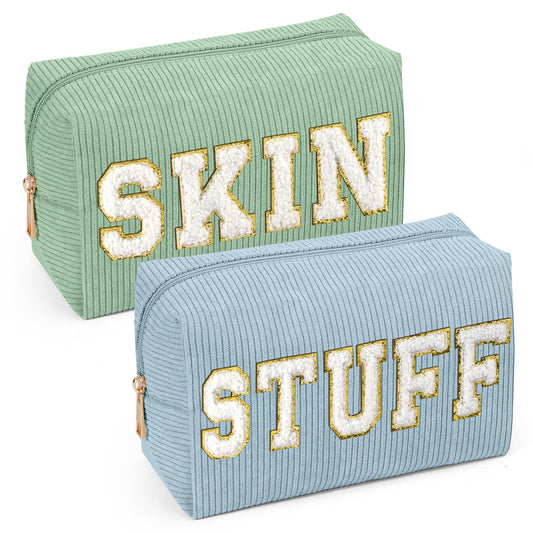 MAGEFY Makeup Bag Corduroy 2 Pcs Cosmetic Bags for Women Preppy Small Makeup Bag with Chenille Letter Patch Makeup Pouch Green+SKIN & Blue+STUFF