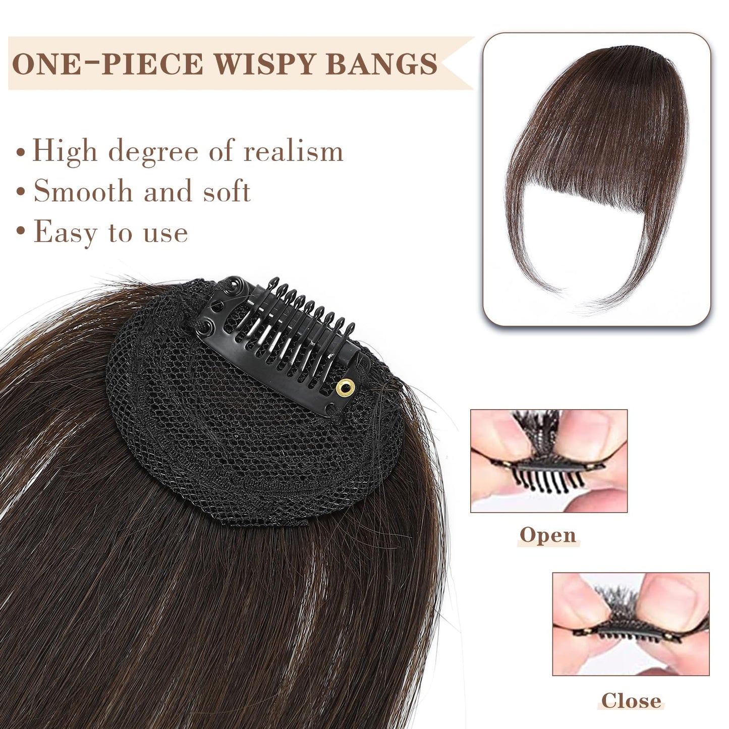 BUPPLER Clip in Bangs 100% Real Human Hair Pieces Wispy Dark Brown Fake Bangs Hair Clip on bangs for women Faux Bangs Clip in Hair Extensions with Hair Roller for Daily Wear