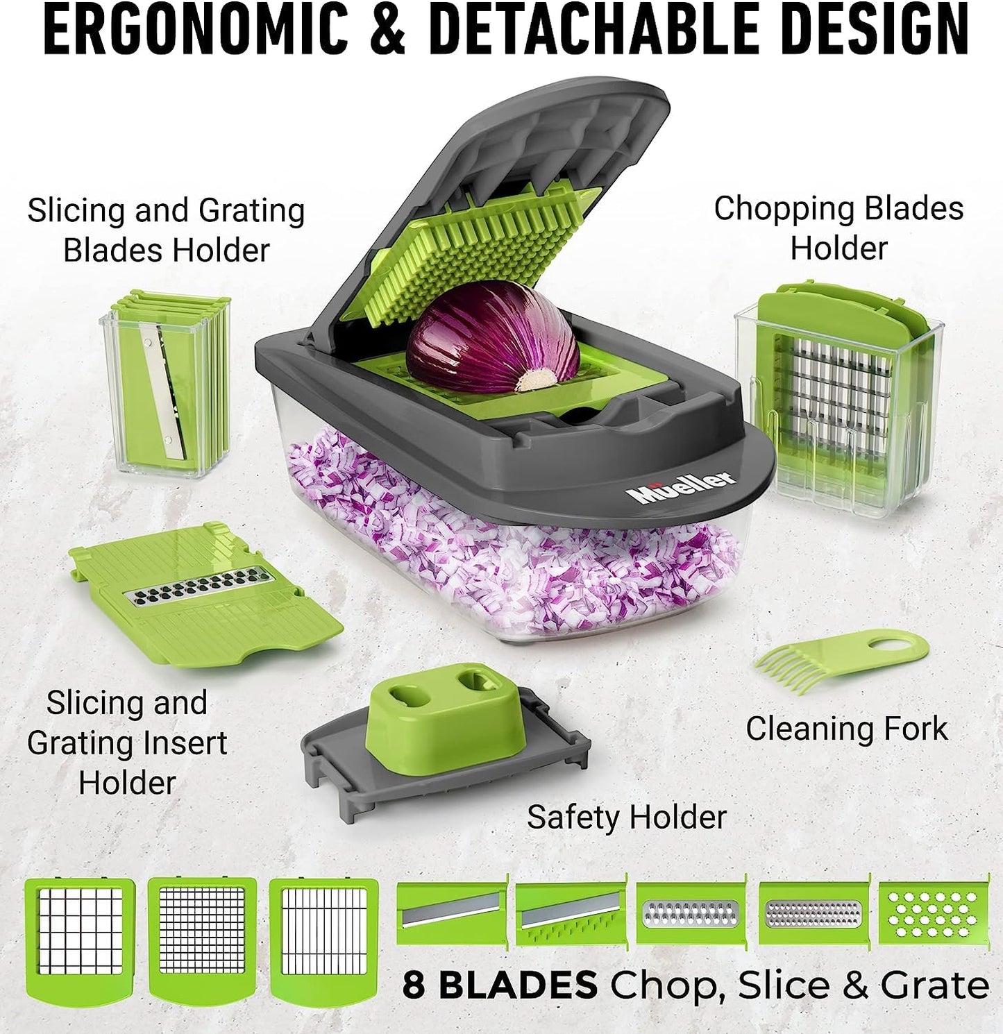 Mueller Pro-Series 10-in-1, 8 Blade Vegetable Chopper, Cutter, Dicer, Onion Mincer, Egg and Potato Slicer, Multi-Functional Kitchen Gadget for Vegetables and Salad Prep, Grey & Green